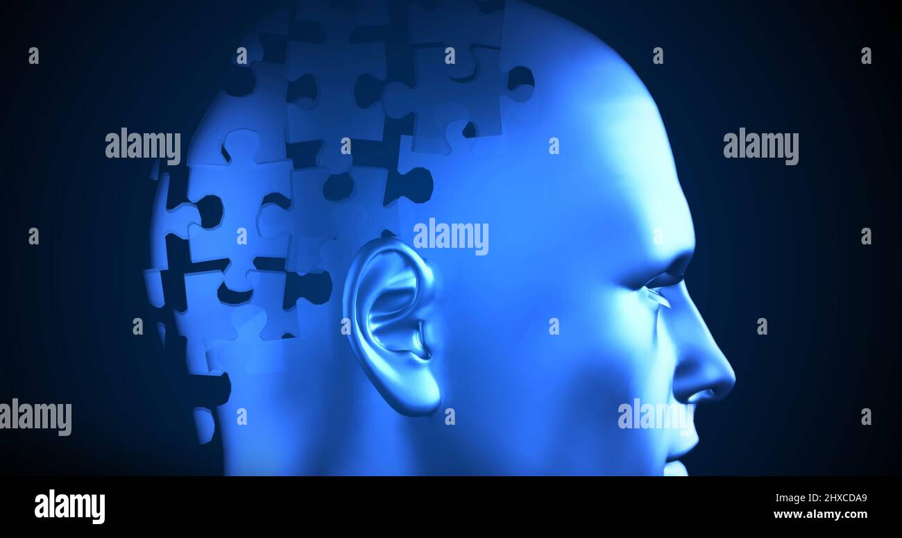 Image de la tête humaine bleue et du puzzle sur fond noir Banque D'Images
