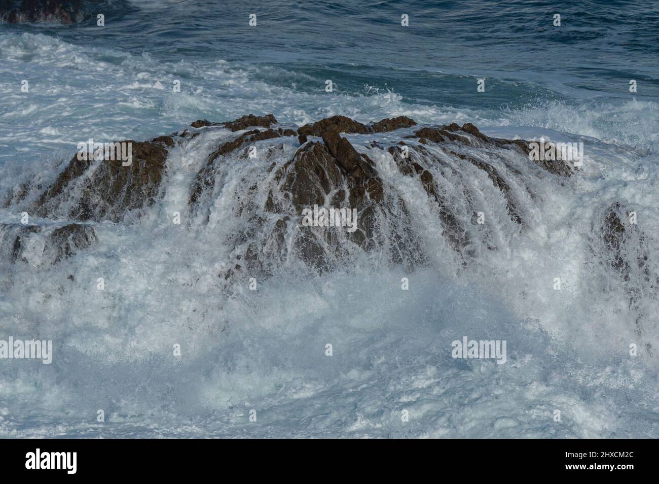 Une roche est inondée par une grande vague, Océan Pacifique, Californie, Etats-Unis Banque D'Images