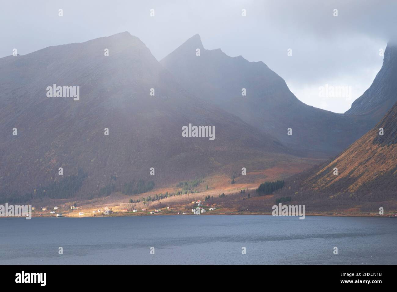 Impressions d'automne de l'île norvégienne Senja au-dessus du cercle arctique, Scandinavie et Norvège pure, village de pêche au fjord, belle ambiance lumineuse, Banque D'Images