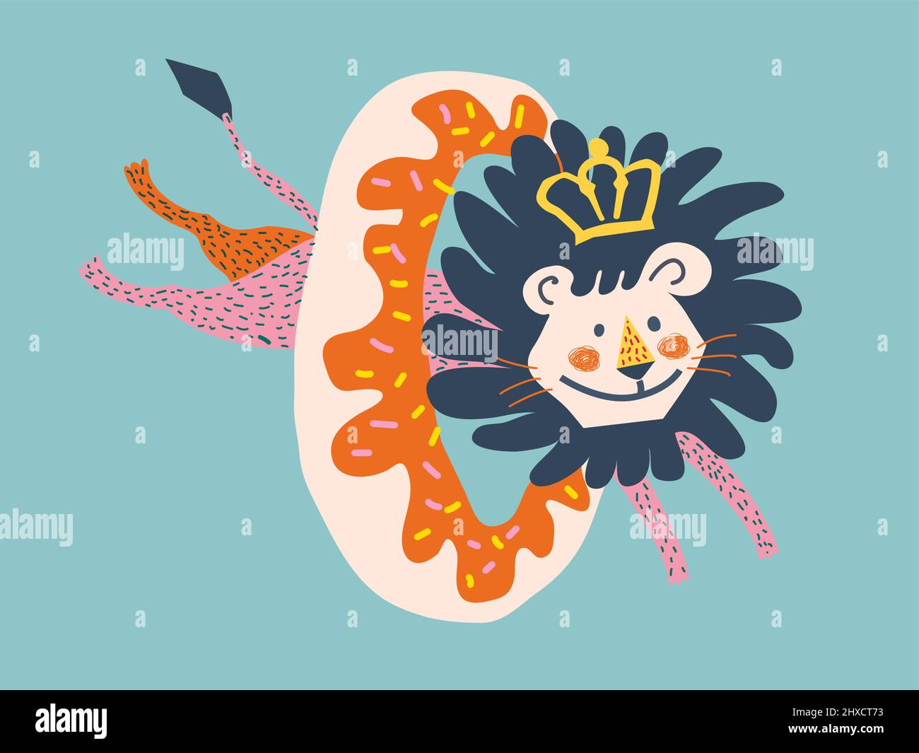 Un joli lion saute dans un donut. Artiste de cirque qui fait le tour avec le donut Illustration de Vecteur