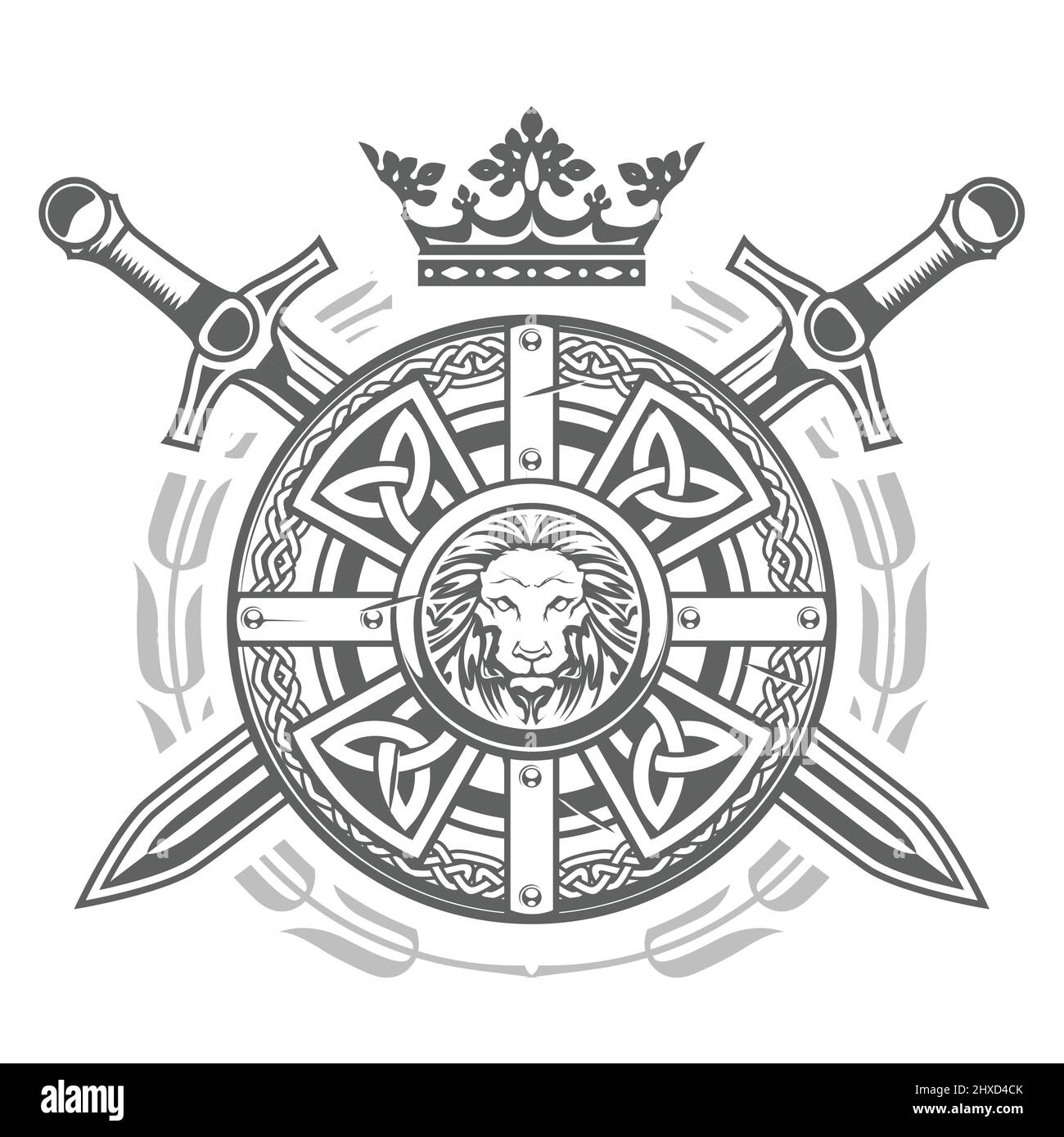 Bouclier rond orné avec motif celtique, cime et épées croisées, emblème chevalier médiéval, blason royal, vecteur Illustration de Vecteur