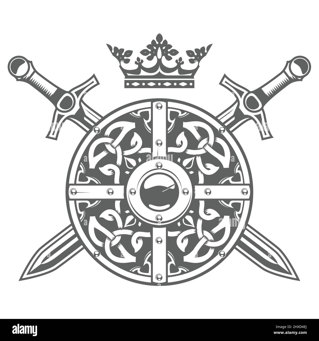 Bouclier rond avec motif fantaisie, cime et épées croisées, blason médiéval et blason chevalier, vecteur Illustration de Vecteur