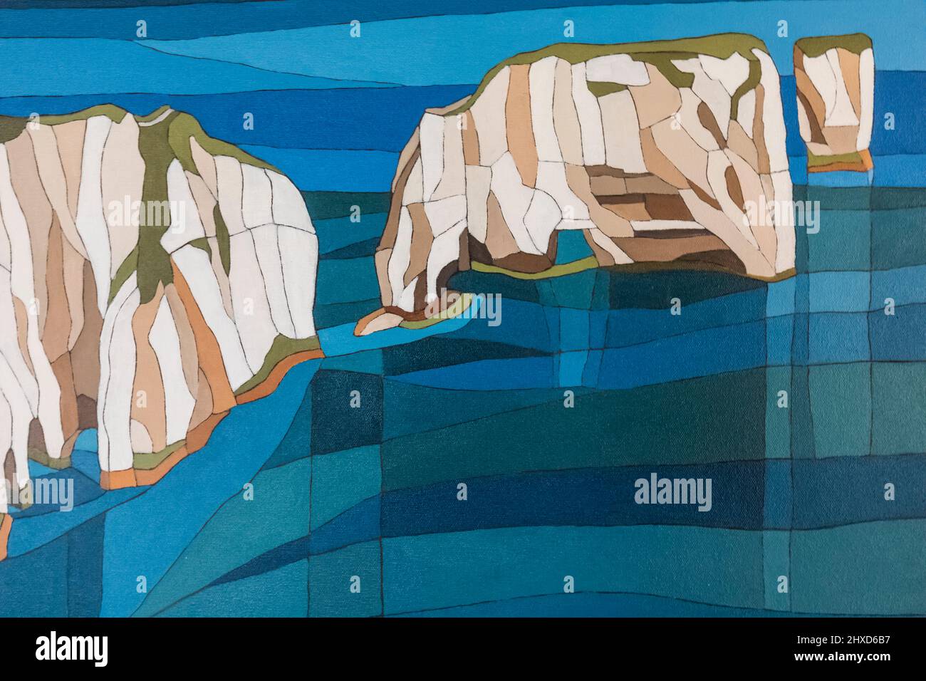 Angleterre, Dorset, Kimmeridge, The Etches Collection Museum of Jurassic Marine Life, peinture de Old Harry Rocks par l'artiste Caz Scott Banque D'Images