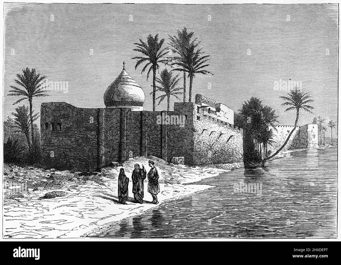 Gravure du tombeau supposé d'Ezra, aujourd'hui sanctuaire chiite et juif, situé à Al-ʻUzair dans le district de QAl'at Saleh, dans le gouvernorat de Maysan en Irak, sur la rive occidentale du Tigre. Gravure vers 1880 Banque D'Images