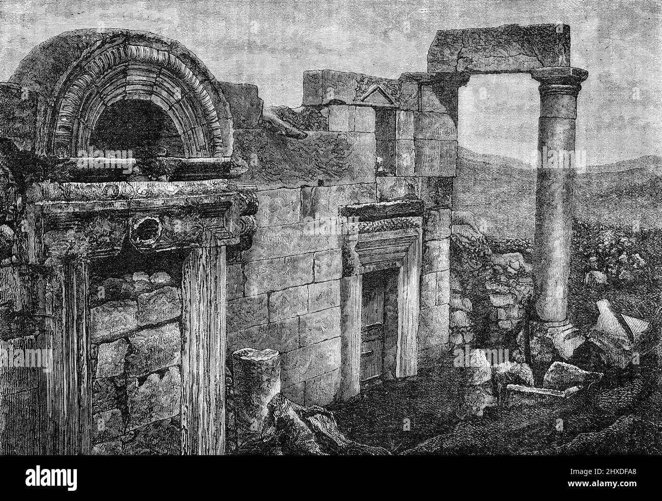 Gravure des ruines du synagaogue de Kefr Birim Banque D'Images