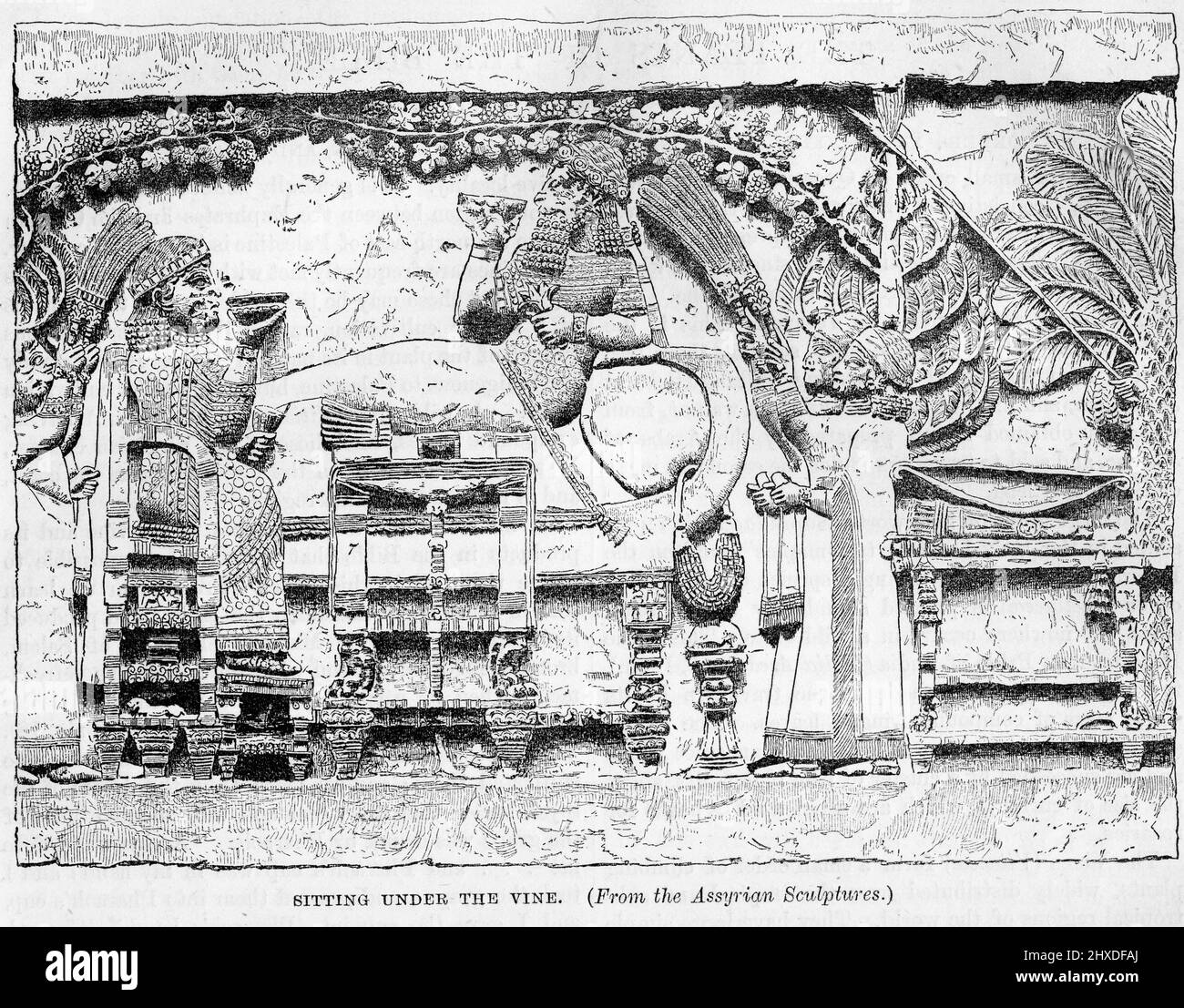 Gravure d'un roi assyrien, probablement Ashurburnipal, prenant ses loisirs assis sous la vigne; Banque D'Images