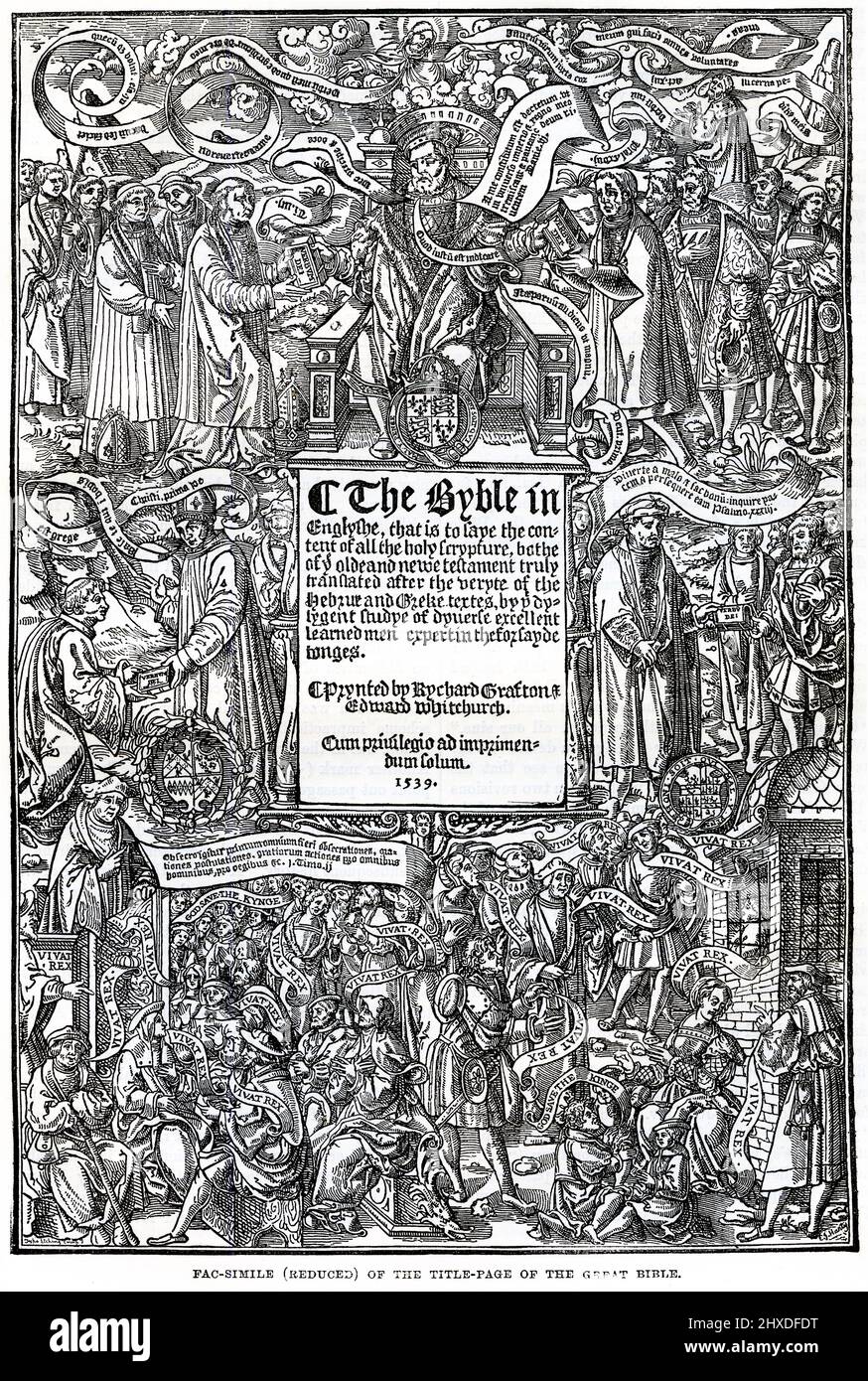 La gravure d'une page de titre de la Grande Bible de 1539 a été la première édition autorisée de la Bible en anglais, autorisée par le roi Henri VIII d'Angleterre à être lue à haute voix dans les services de l'église de l'Église d'Angleterre. Banque D'Images