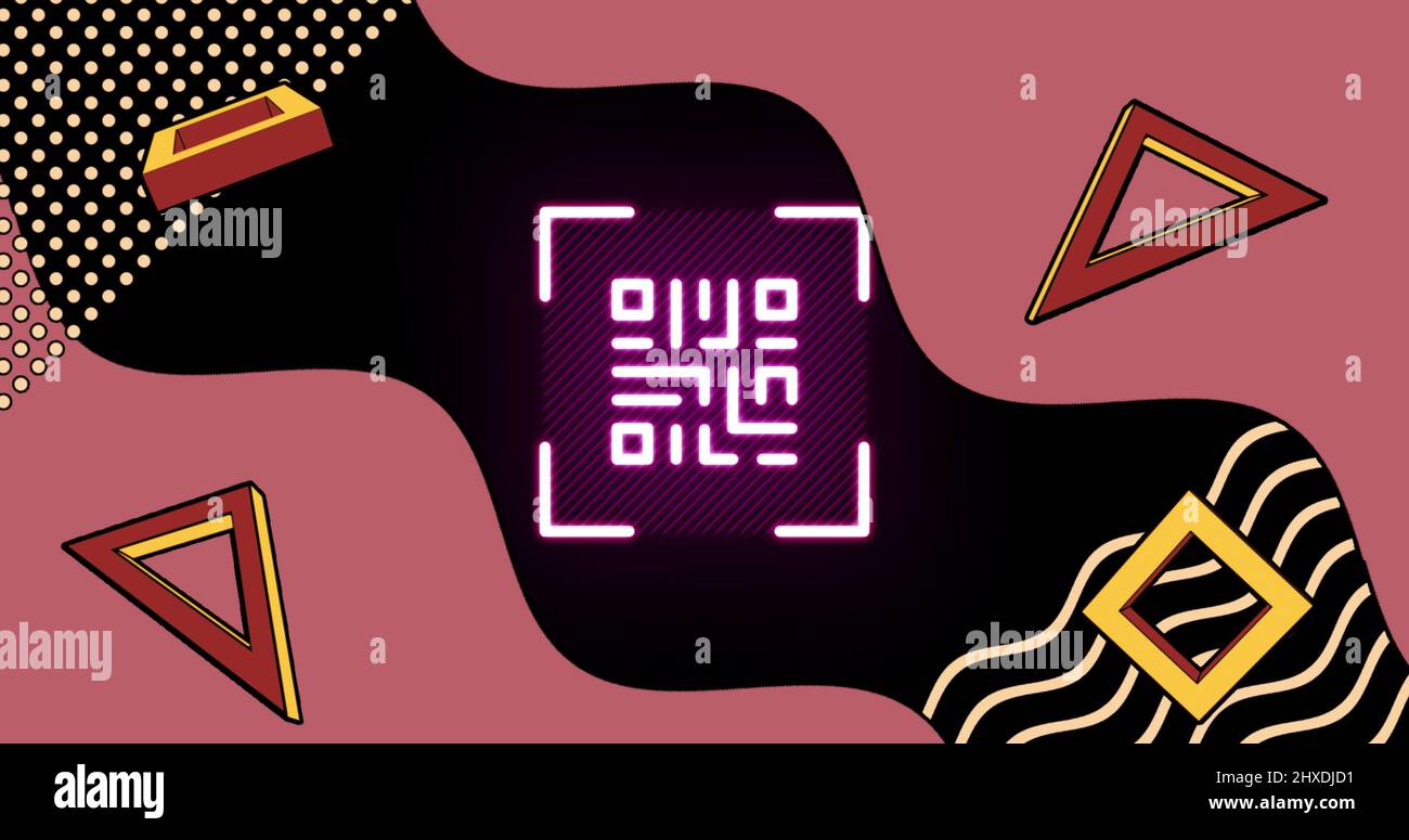 Image d'un code qr lumineux sur des formes géométriques au néon Banque D'Images