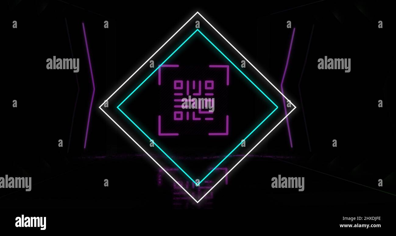 Image d'un code qr lumineux sur des formes géométriques au néon Banque D'Images