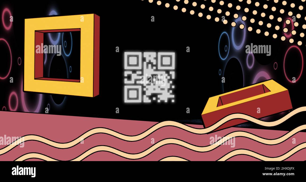 Image d'un code qr lumineux sur des formes géométriques au néon Banque D'Images