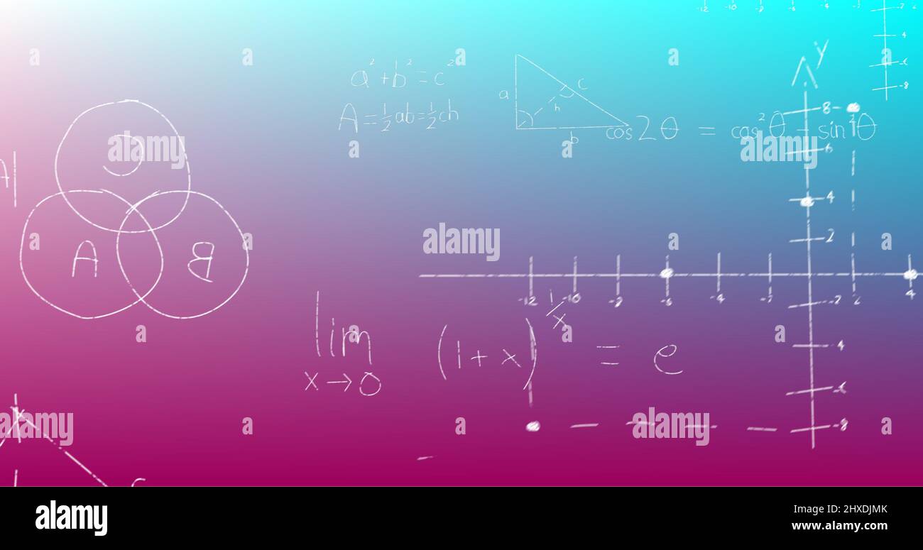 Illustration de formules mathématiques manuscrites sur fond bleu à violet Banque D'Images