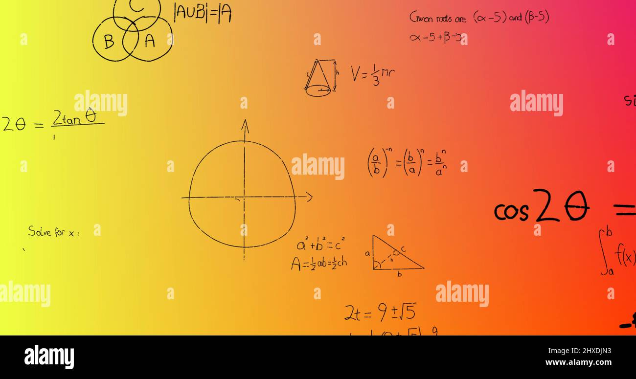 Illustration de formules mathématiques écrites à la main sur fond jaune à rouge Banque D'Images