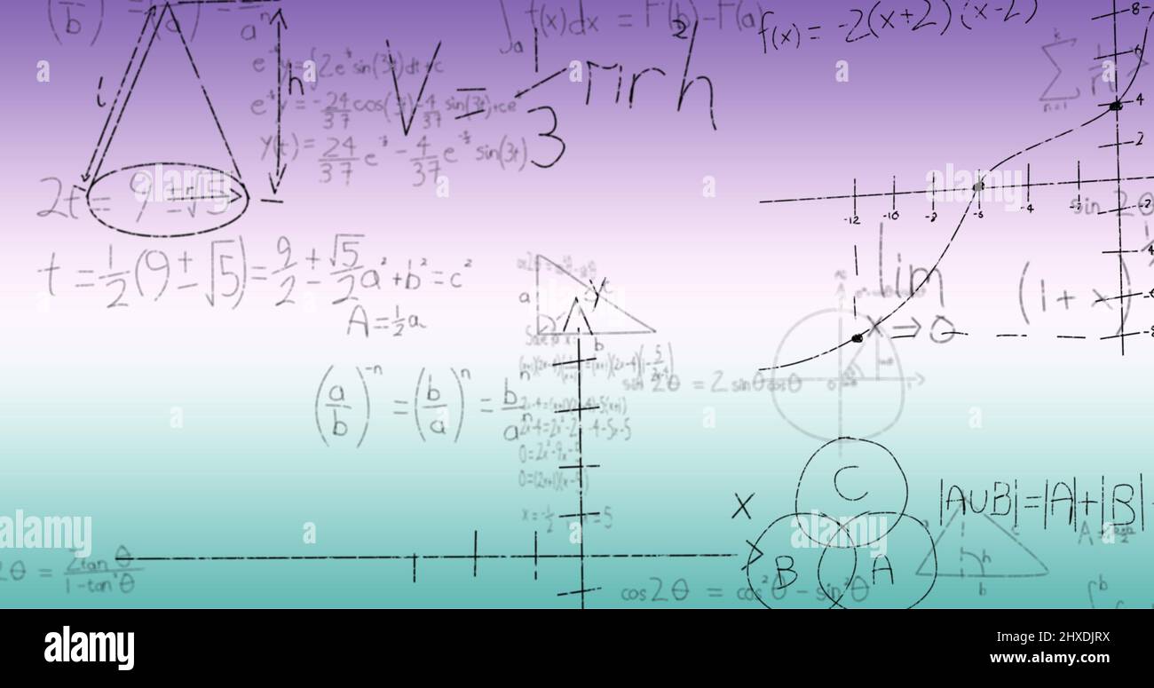 Illustration de formules mathématiques manuscrites sur fond bleu à violet Banque D'Images