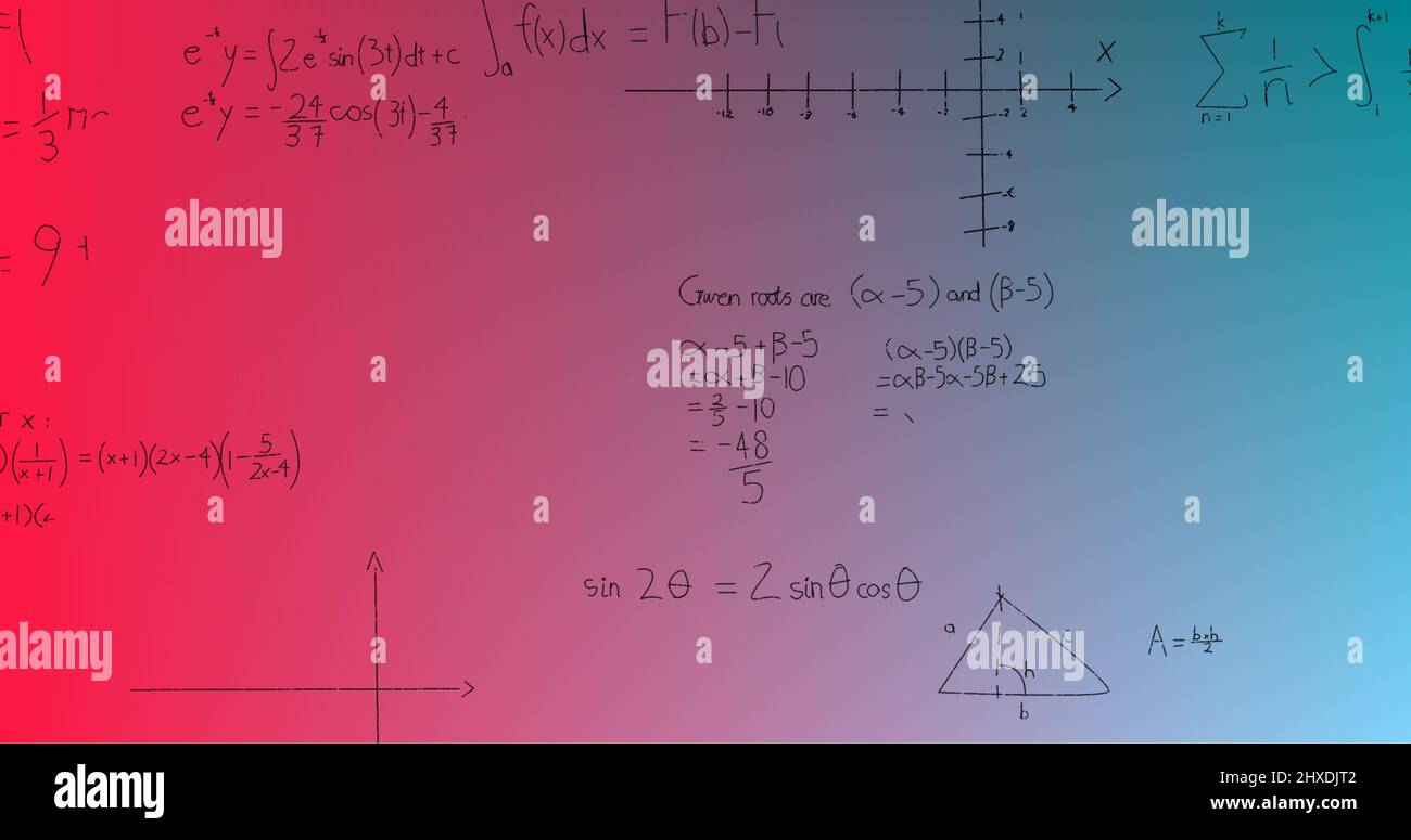 Illustration de formules mathématiques manuscrites sur fond bleu à rose Banque D'Images