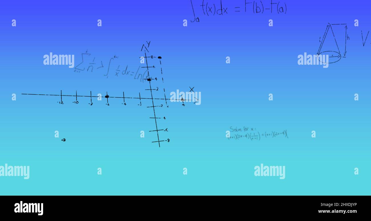 Illustration de formules mathématiques manuscrites sur fond bleu Banque D'Images