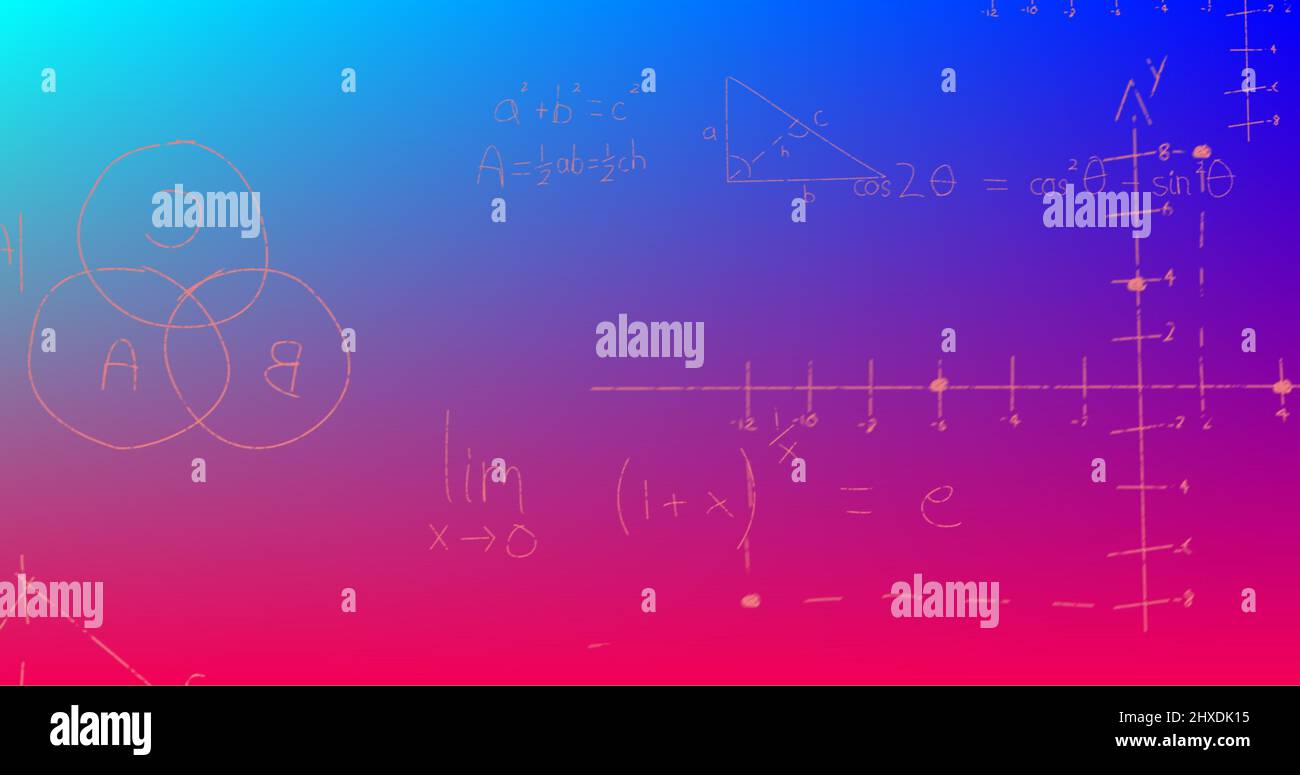Illustration de formules mathématiques manuscrites sur fond bleu à rouge Banque D'Images
