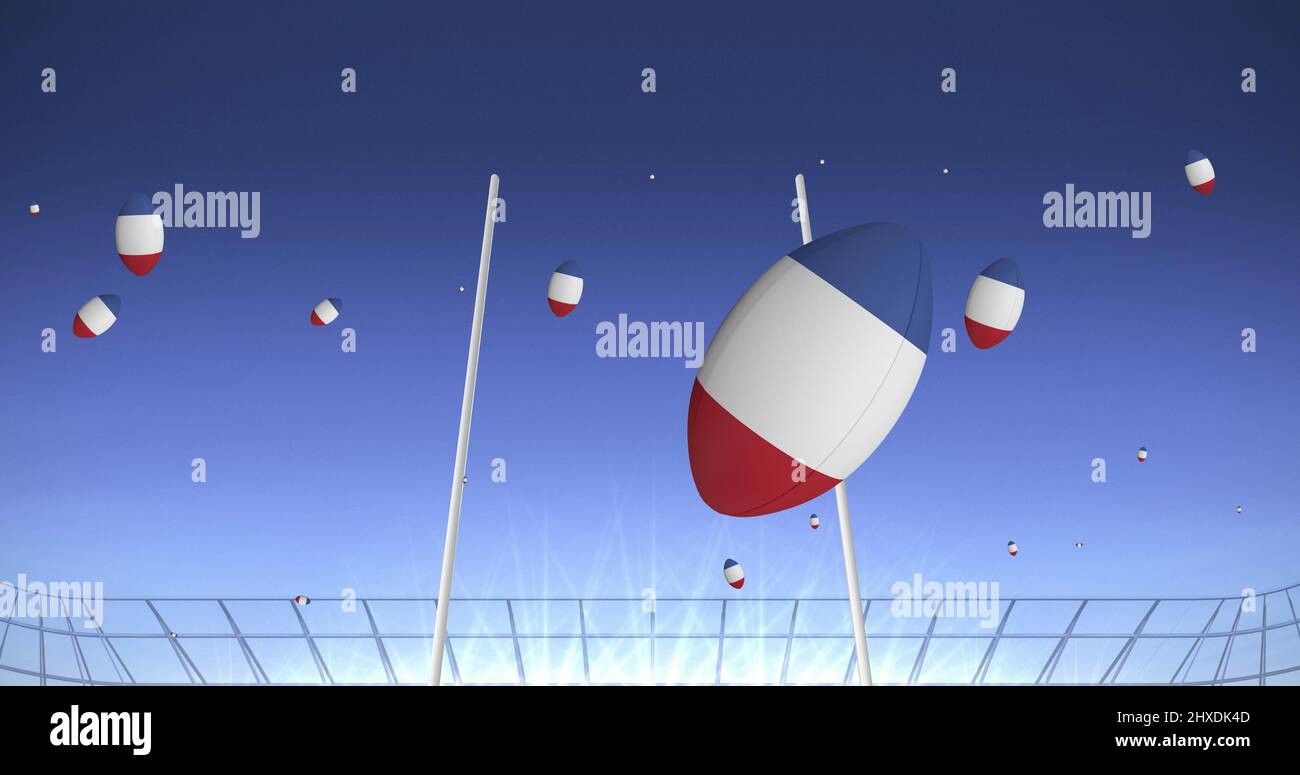 Image de ballons de rugby de couleur drapeau de la france au stade Banque D'Images