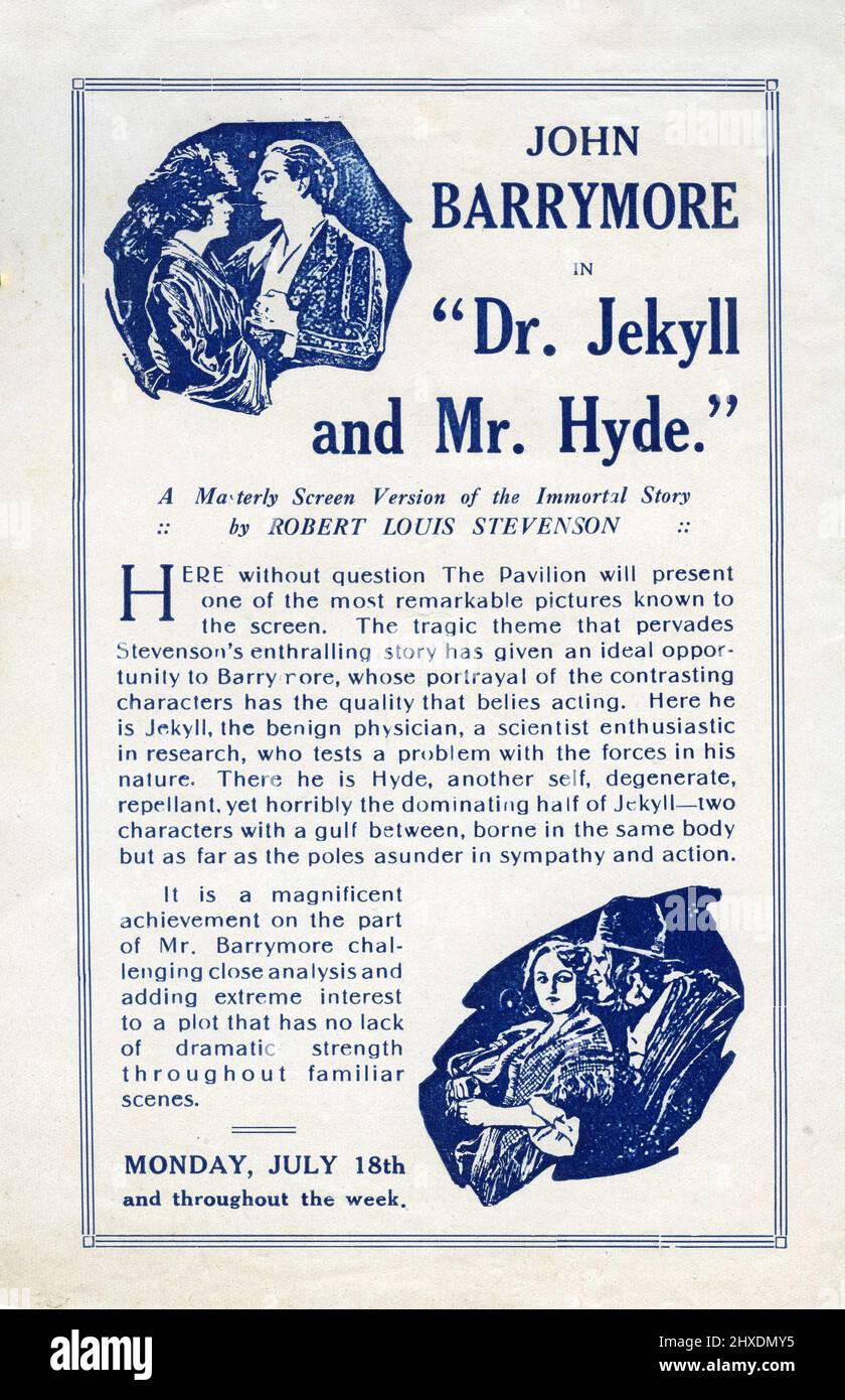 JOHN BARRYMORE MARTHA MANSFIELD ET NITA NALDI EN RD. JEKYLL ET M. HYDE 1920 réalisateur JOHN S. ROBERTSON roman Robert Louis Stevenson Famous Players - Lasky Corporation / Paramount -Artcraft Pictures Banque D'Images