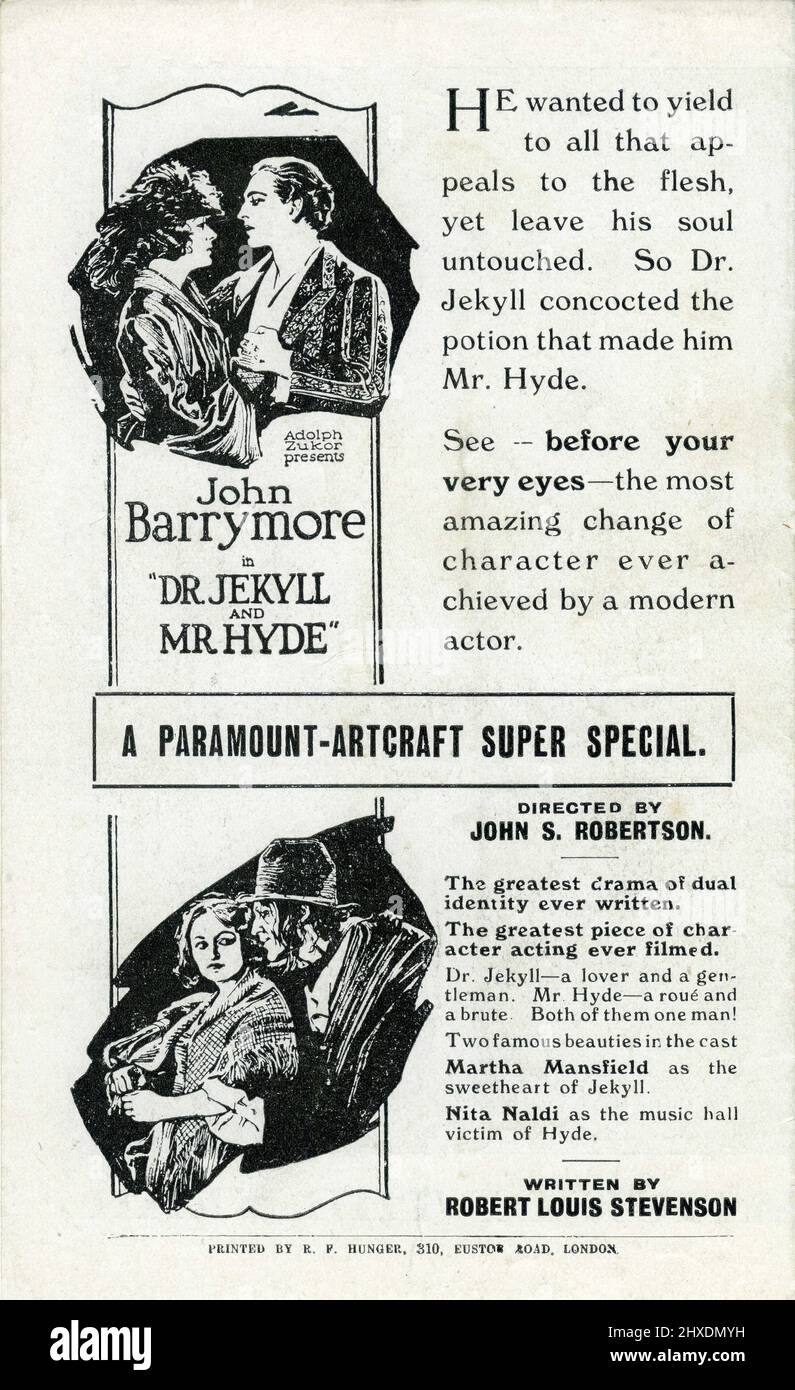 JOHN BARRYMORE MARTHA MANSFIELD ET NITA NALDI EN RD. JEKYLL ET M. HYDE 1920 réalisateur JOHN S. ROBERTSON roman Robert Louis Stevenson Famous Players - Lasky Corporation / Paramount -Artcraft Pictures Banque D'Images