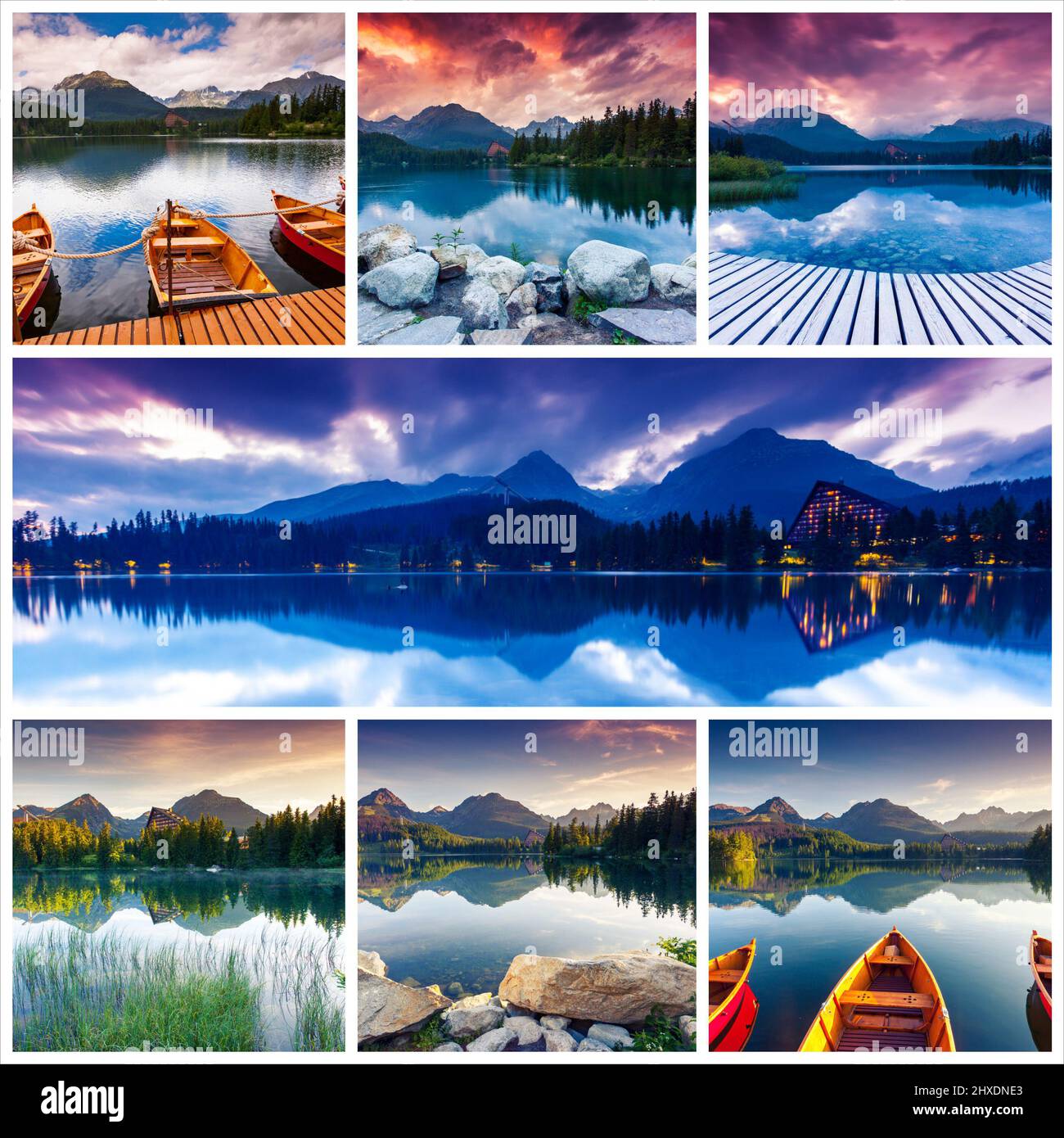 Collage créatif de nombreuses photos de la nature. Lac de montagne dans le parc national de High Tatra. Strbske pleso, Slovaquie, Europe. Le monde de la beauté. Banque D'Images