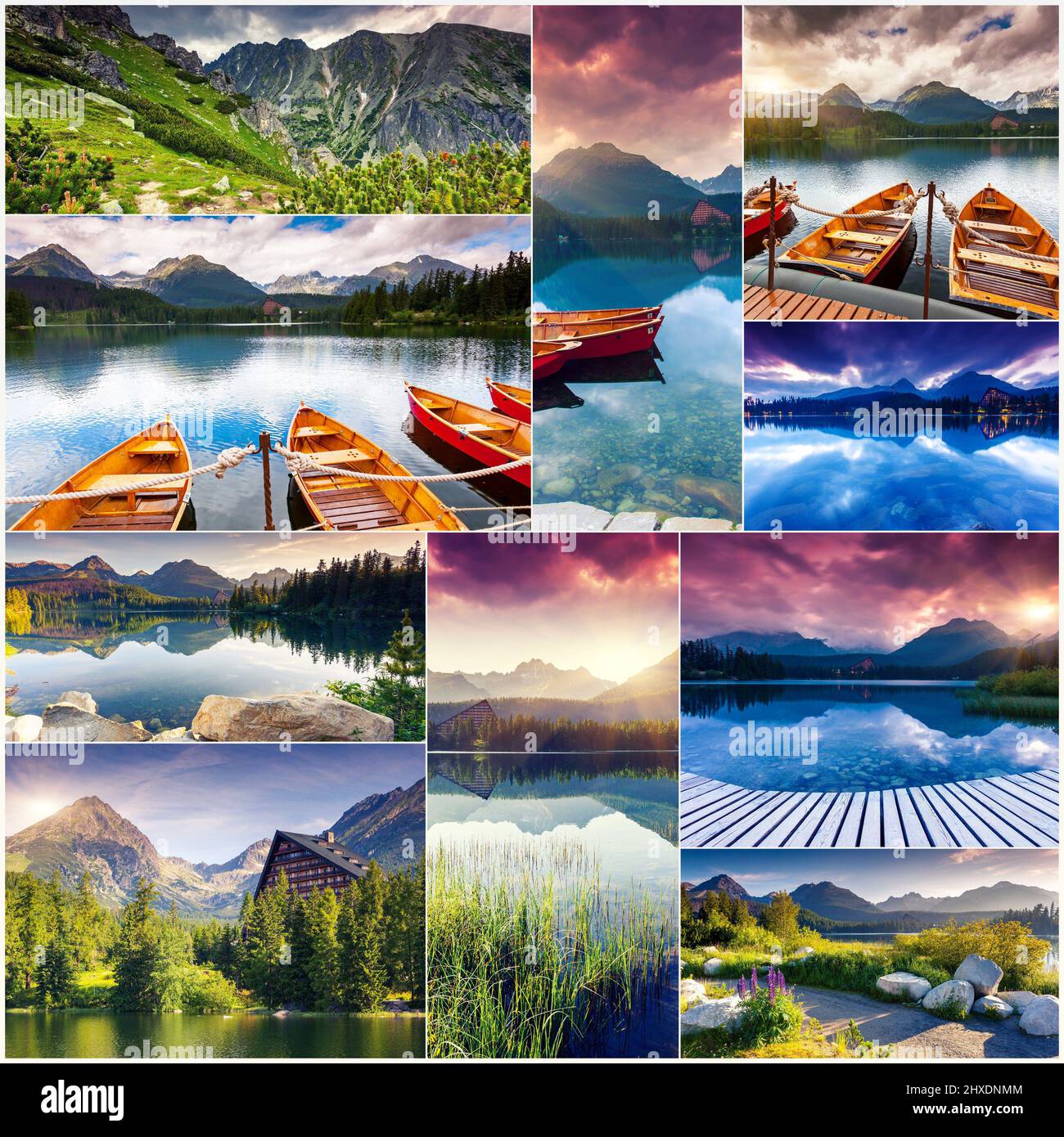 Collage créatif de nombreuses photos de la nature. Lac de montagne dans le parc national de High Tatra. Strbske pleso, Slovaquie, Europe. Le monde de la beauté. Banque D'Images