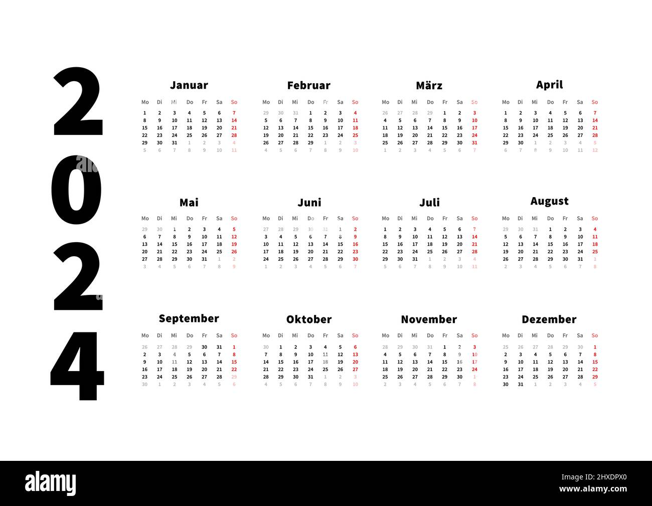 calendrier horizontal simple de 2024 ans en allemand, calendrier typographique isolé sur blanc Illustration de Vecteur