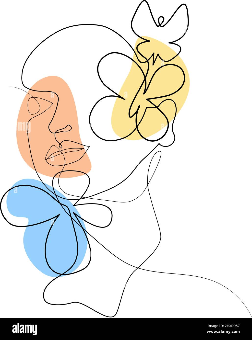 Dessin d'un visage de femme avec des papillons floraux et des taches colorées. Isoler les illustrations. Dessiné à la main. Illustration de Vecteur