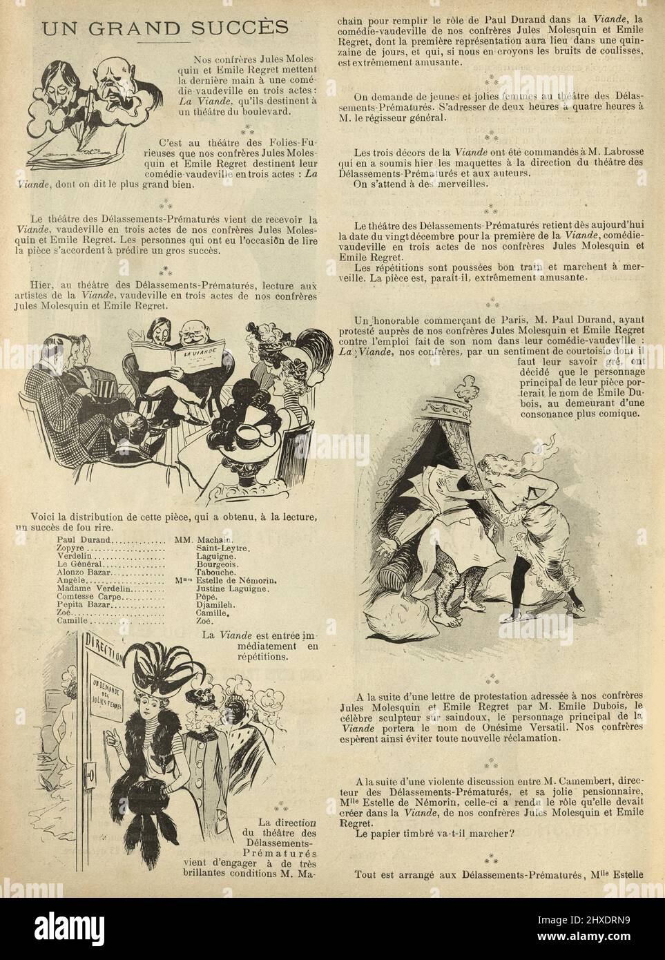 Illustration de dessin animé vintage. Français, 1899, 19th siècle. Auteur et producteur mettant sur un jeu, casting des actrices de table Banque D'Images