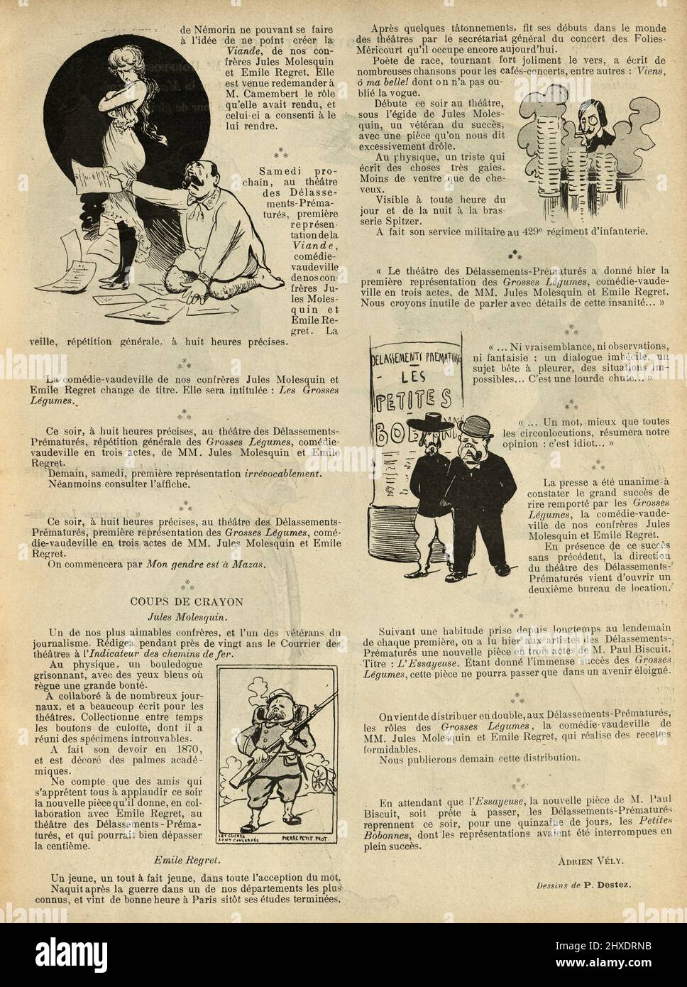 Illustration de dessin animé vintage. Français, 1899, 19th siècle. Auteur et producteur mettant sur un jeu, casting des actrices de table Banque D'Images