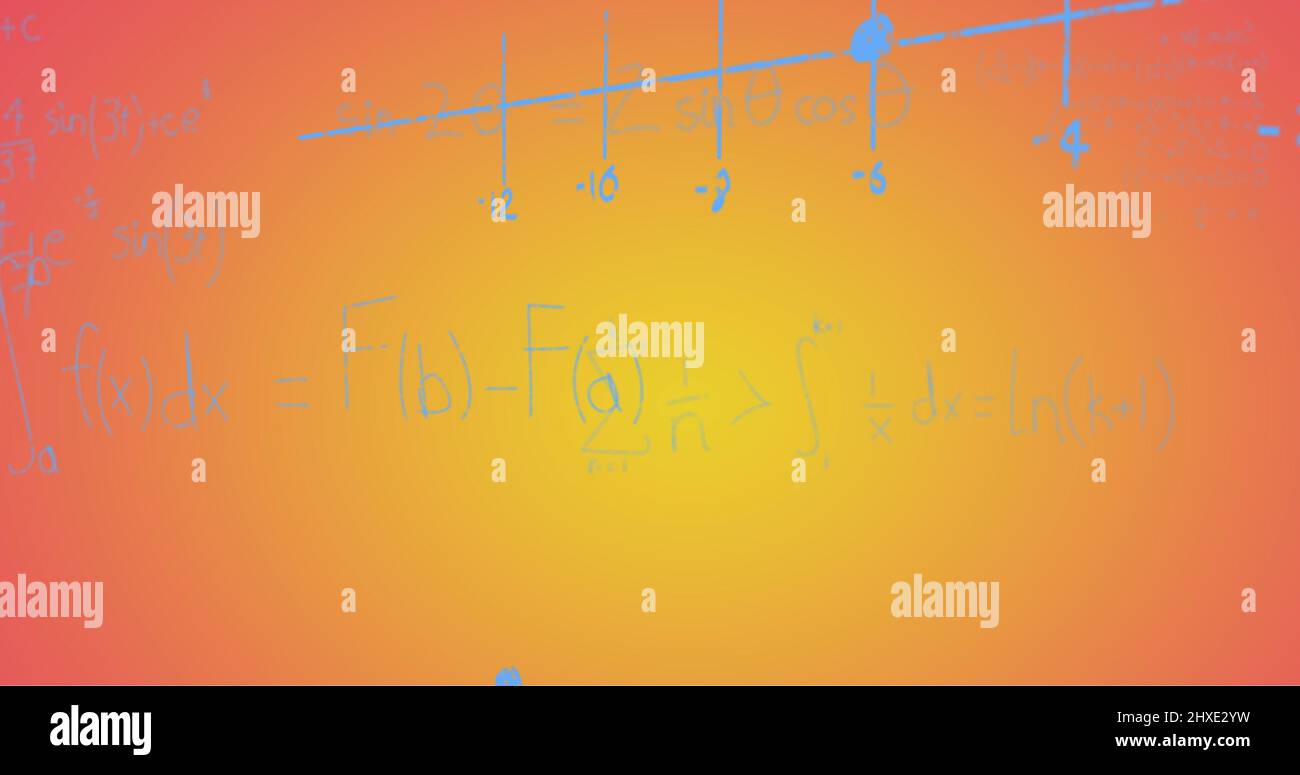 Illustration de formules mathématiques écrites à la main sur fond jaune à rouge Banque D'Images