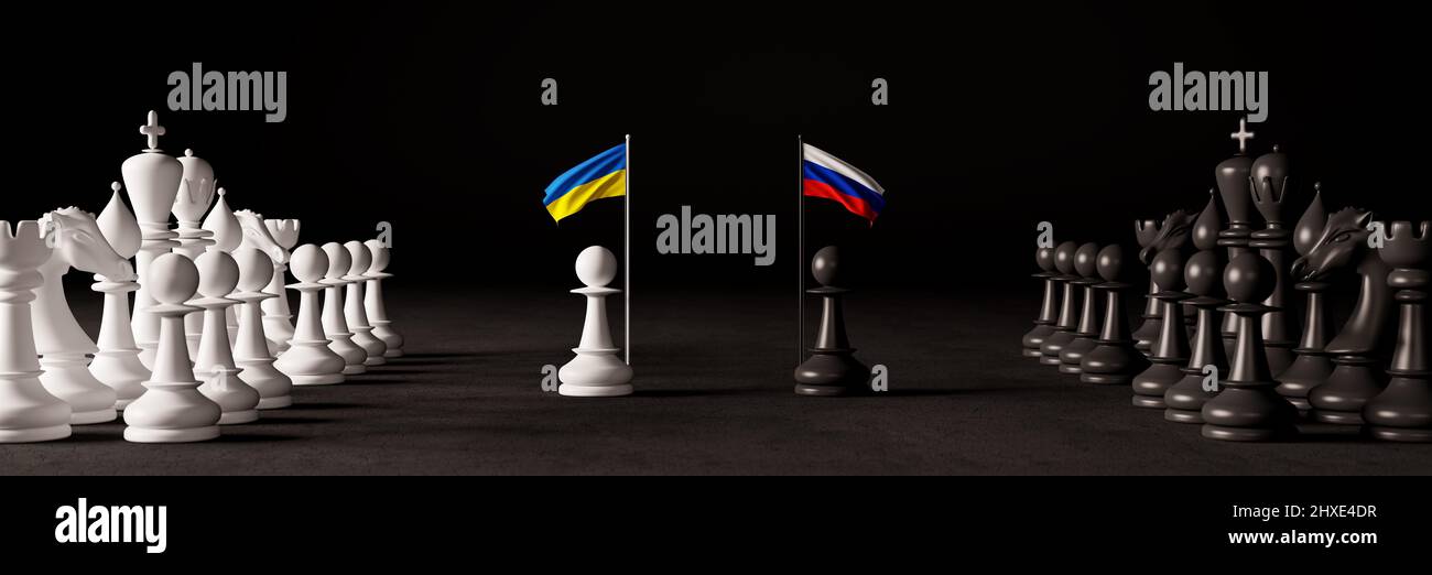 Escalade de guerre du conflit en Ukraine avec la Russie. Les figures d'échecs dans le concept de guerre 3D rendent l'illustration de 3D Banque D'Images