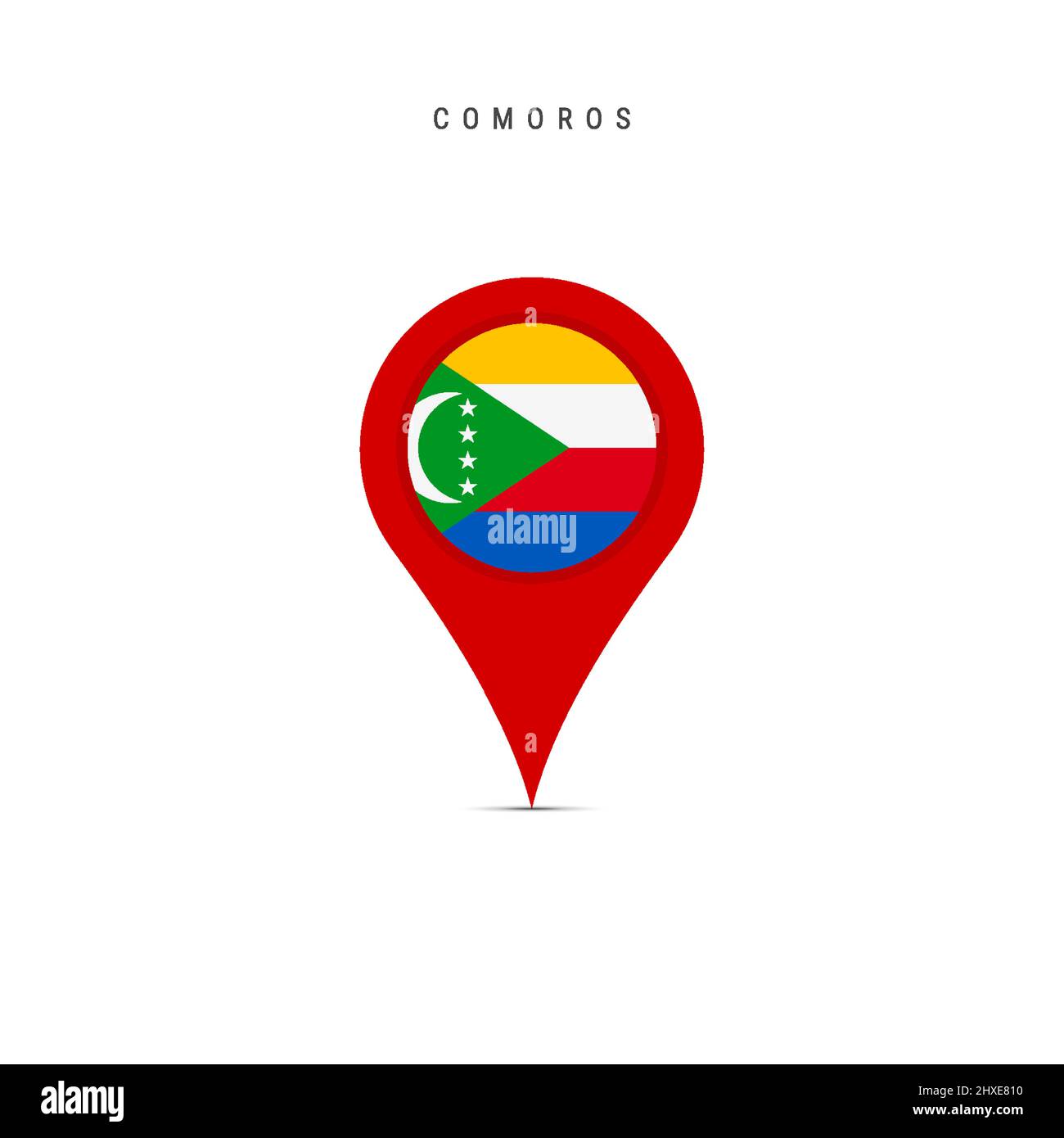 Marqueur cartographique à goutte d'eau avec drapeau des Comores. Union du drapeau des Comores insérée dans la broche de la carte de localisation. Illustration vectorielle plate isolée sur fond blanc Illustration de Vecteur