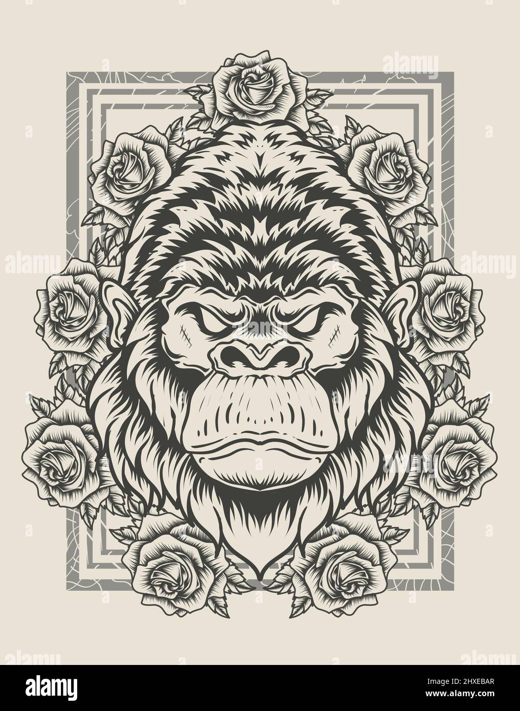 illustration tête de gorille vintage avec fleur de rose Illustration de Vecteur