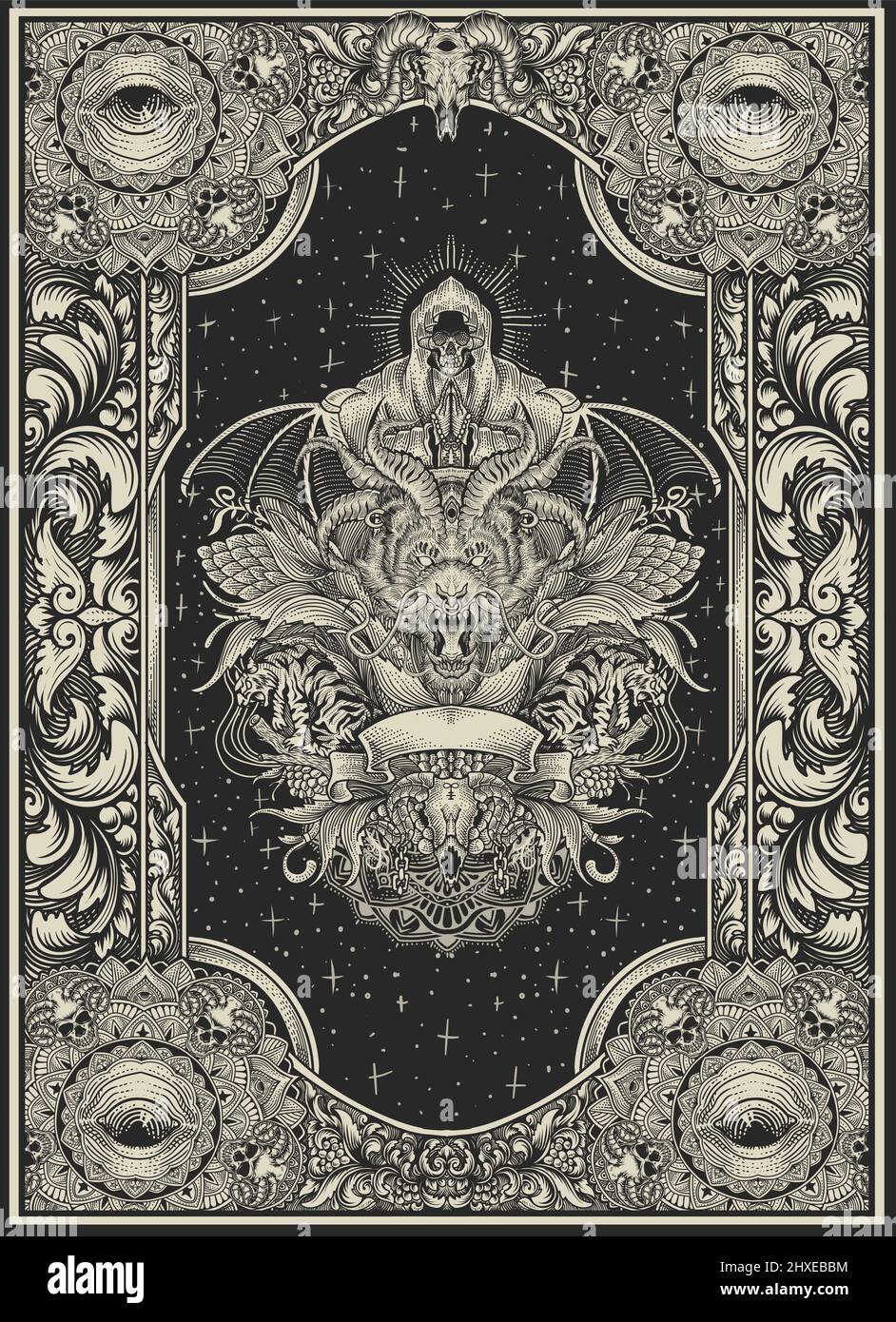 illustration tête de dragon avec ornement de gravure antique Illustration de Vecteur