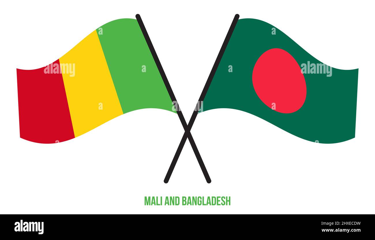 Mali et Bangladesh drapeaux croisés et ondulant le style plat. Proportion officielle. Corriger les couleurs. Banque D'Images