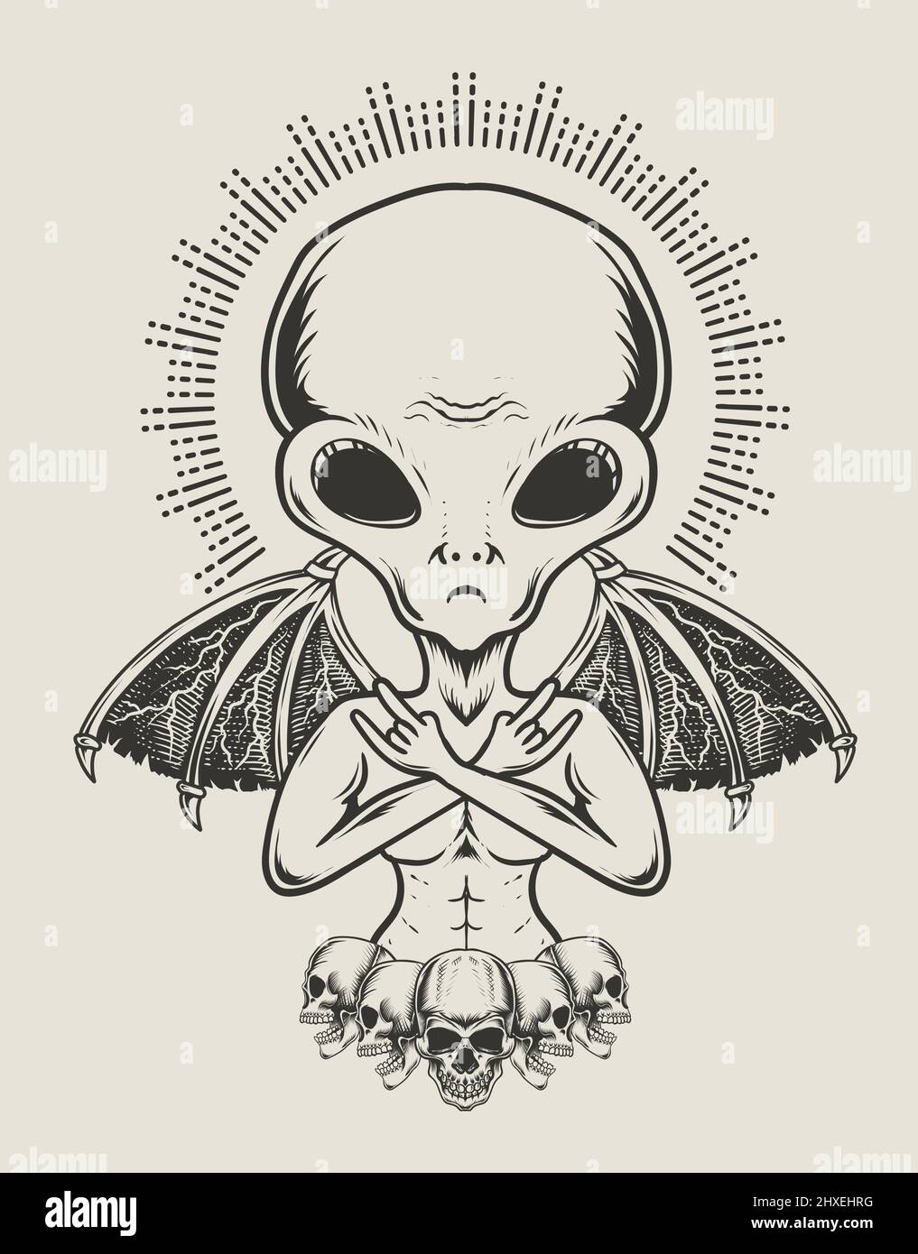 illustration extraterrestre avec ailes démon style monochrome Illustration de Vecteur