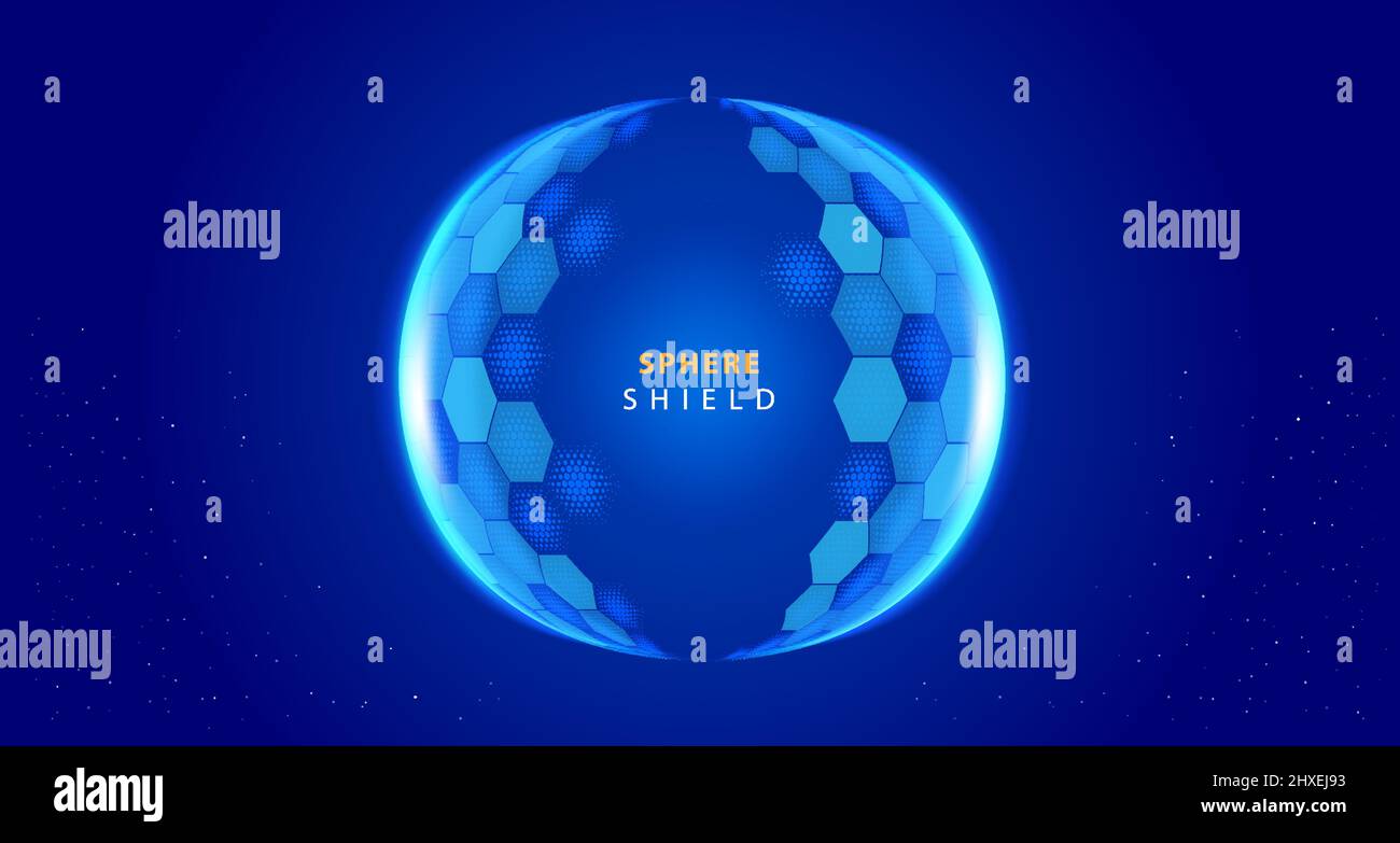 Technologie moderne futuriste de sphère dôme bulle avec éléments de grille de motif demi-ton hexagonal sur fond bleu foncé. Illustration vectorielle Illustration de Vecteur