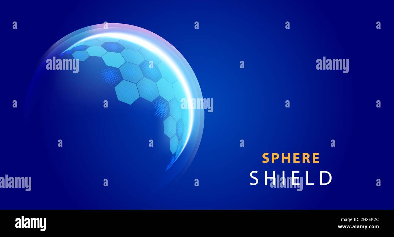 Technologie moderne futuriste de sphère dôme bulle avec éléments de grille de motif demi-ton hexagonal sur fond bleu foncé. Illustration vectorielle Illustration de Vecteur