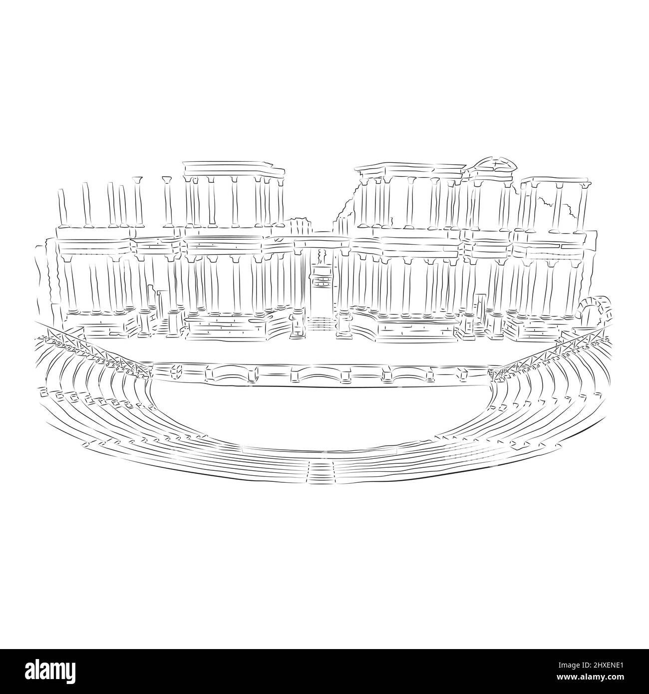 Scène théâtrale. Esquisse d'une illustration vectorielle. Journée mondiale du théâtre. Théâtre de Pompéi. Illustration de Vecteur