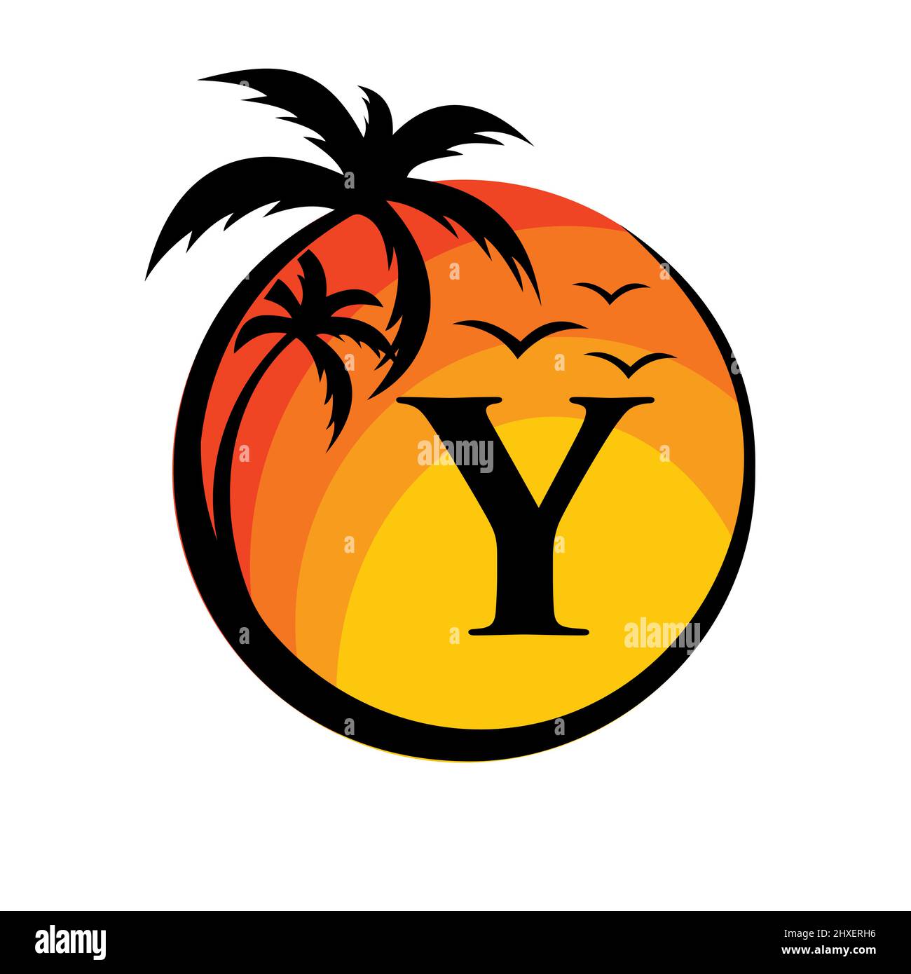 Logo de plage sur l'affiche vectorielle lettre Y. Vacances d'été sur la plage tropicale avec logotype Y. Sunset Summer Travel logo Plage, Mer, Sunset logo Design Illustration de Vecteur