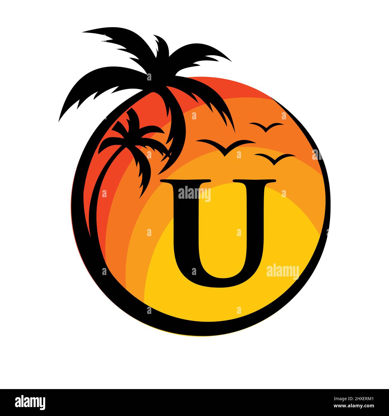 Logo de plage sur le panneau vecteur lettre U. Vacances d'été sur la plage tropicale avec le logotype U. Sunset Summer Travel logo Plage, Mer, Sunset logo Design Illustration de Vecteur