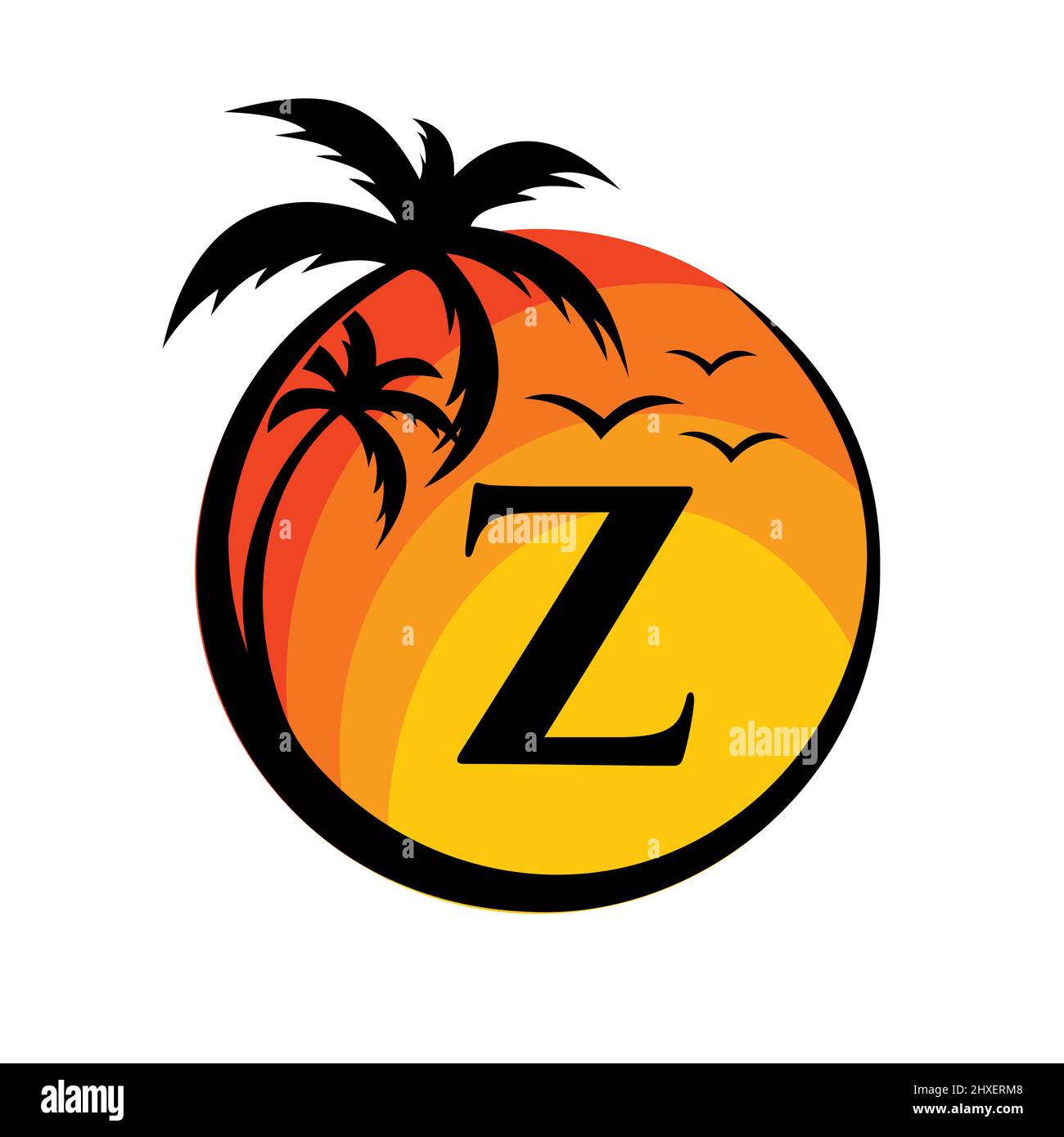 Logo de plage sur le signe vecteur lettre Z. Vacances d'été sur la plage tropicale avec le logotype Z. Sunset Summer Travel logo Plage, Mer, Sunset logo Design Illustration de Vecteur