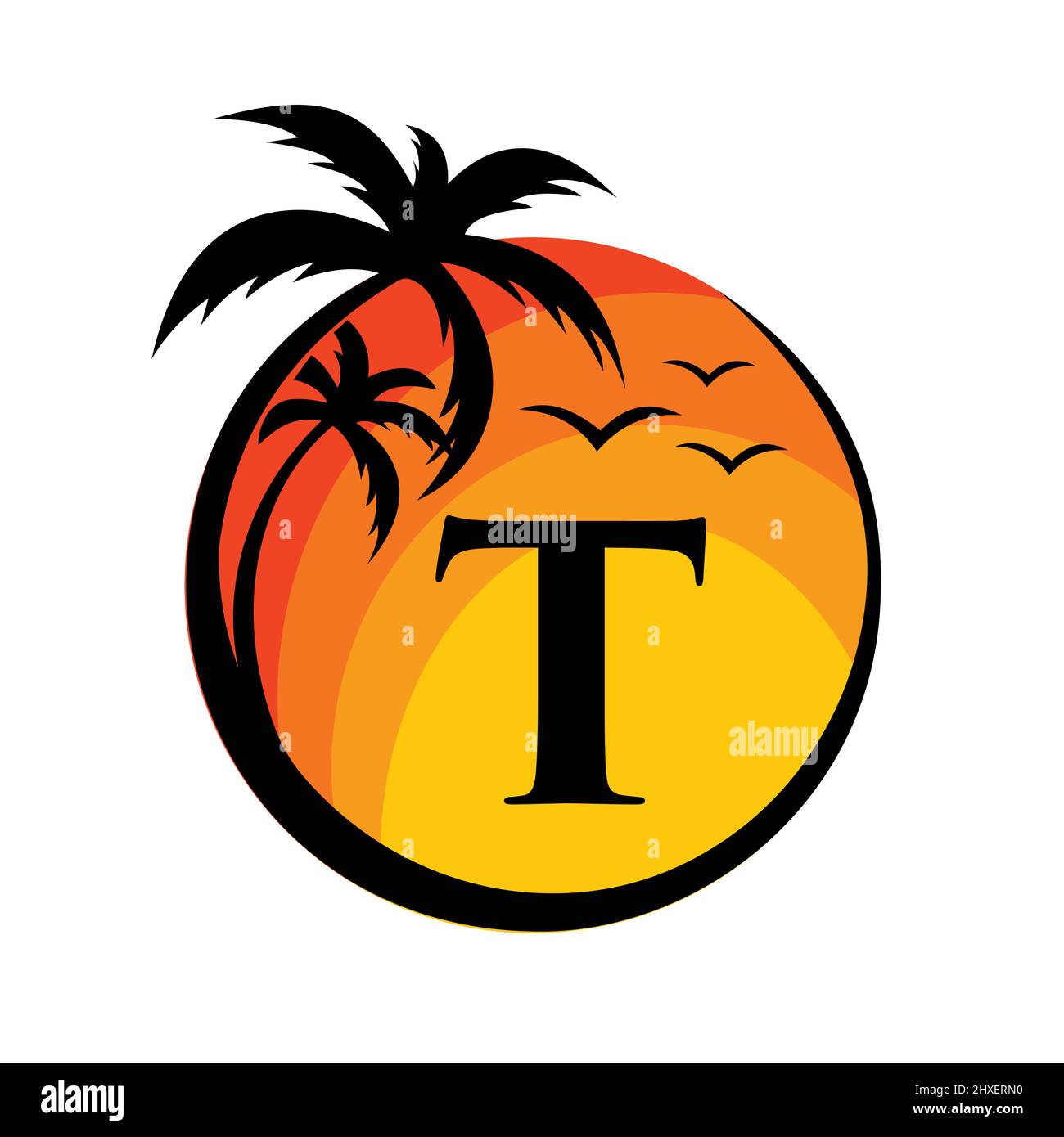 Logo de plage sur l'enseigne à vecteur lettre T. Vacances d'été sur la plage tropicale avec le logo T. Sunset Summer Travel logo Plage, Mer, Sunset logo Design Illustration de Vecteur