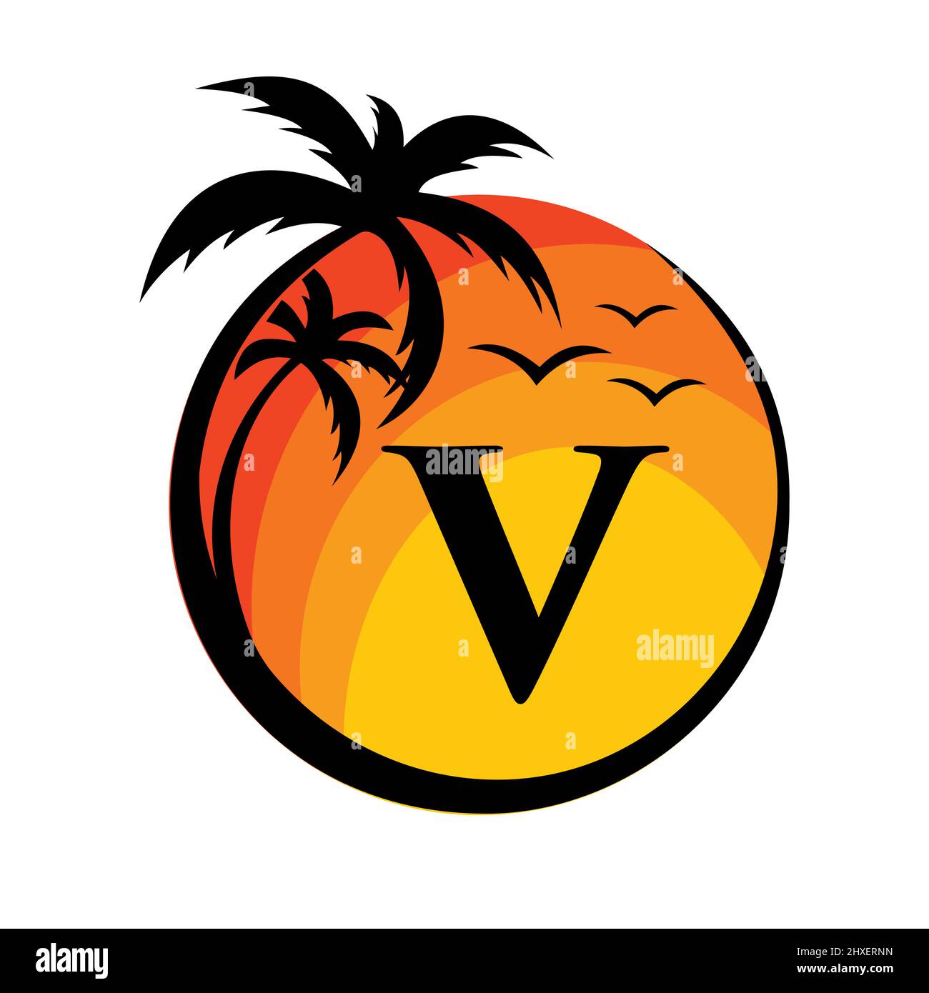 Logo de plage sur l'enseigne vecteur lettre V. Vacances d'été sur la plage tropicale avec le logo V. Sunset Summer Travel logo Plage, Mer, Sunset logo Design Illustration de Vecteur