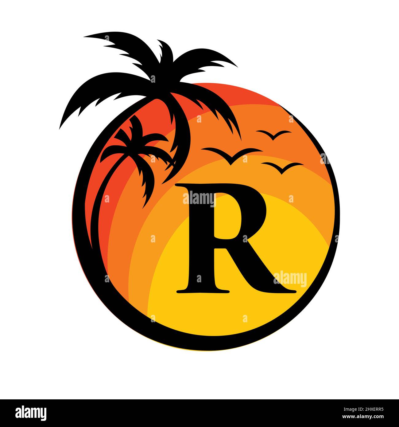 Logo de plage sur l'enseigne vecteur lettre R. Vacances d'été sur la plage tropicale avec le logotype R. Sunset Summer Travel logo Plage, Mer, Sunset logo Design Illustration de Vecteur