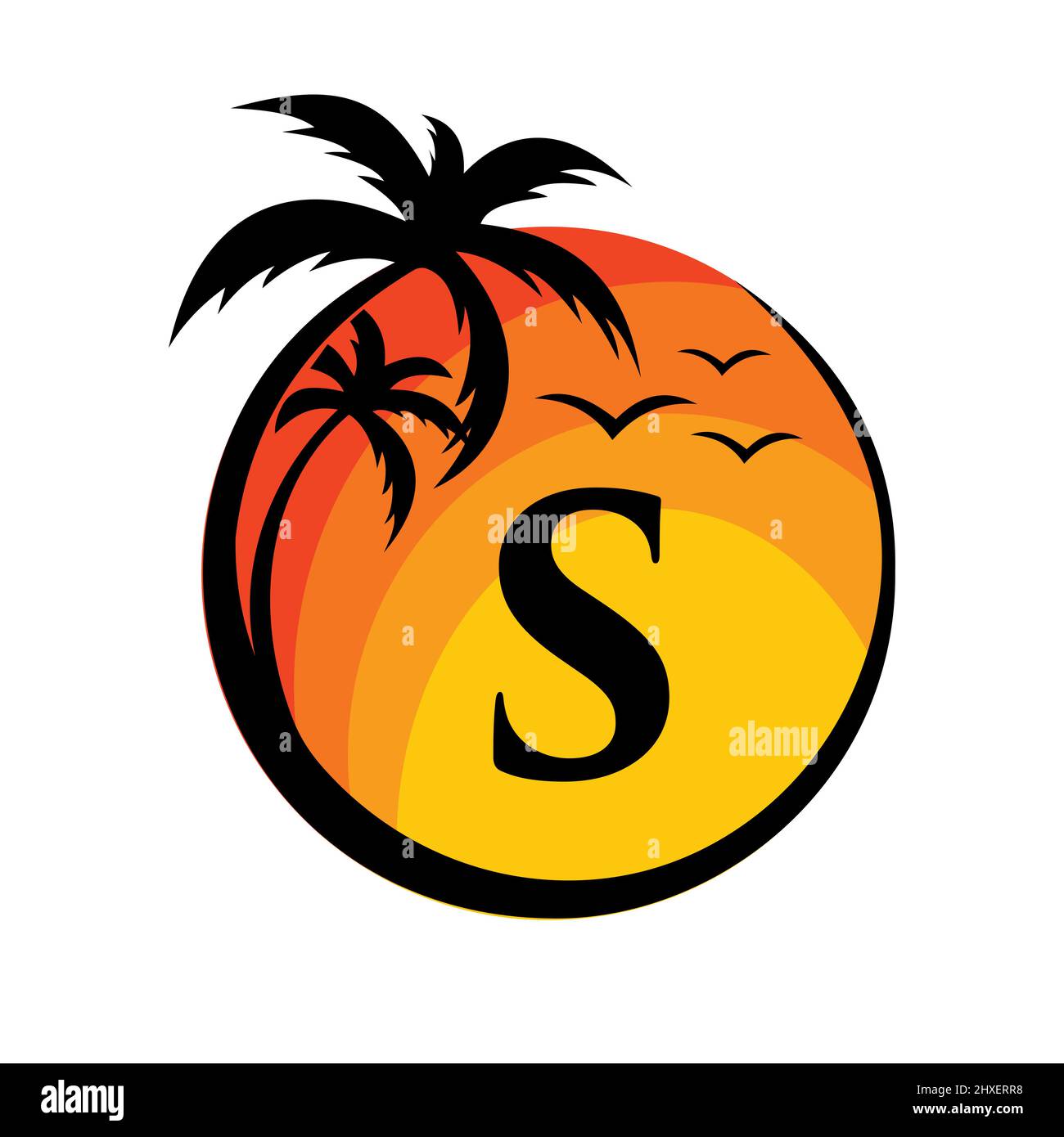 Logo de plage sur l'affiche vectorielle lettre S. Vacances d'été sur la plage tropicale avec le logotype S. Sunset Summer Travel logo Plage, Mer, Sunset logo Design Illustration de Vecteur