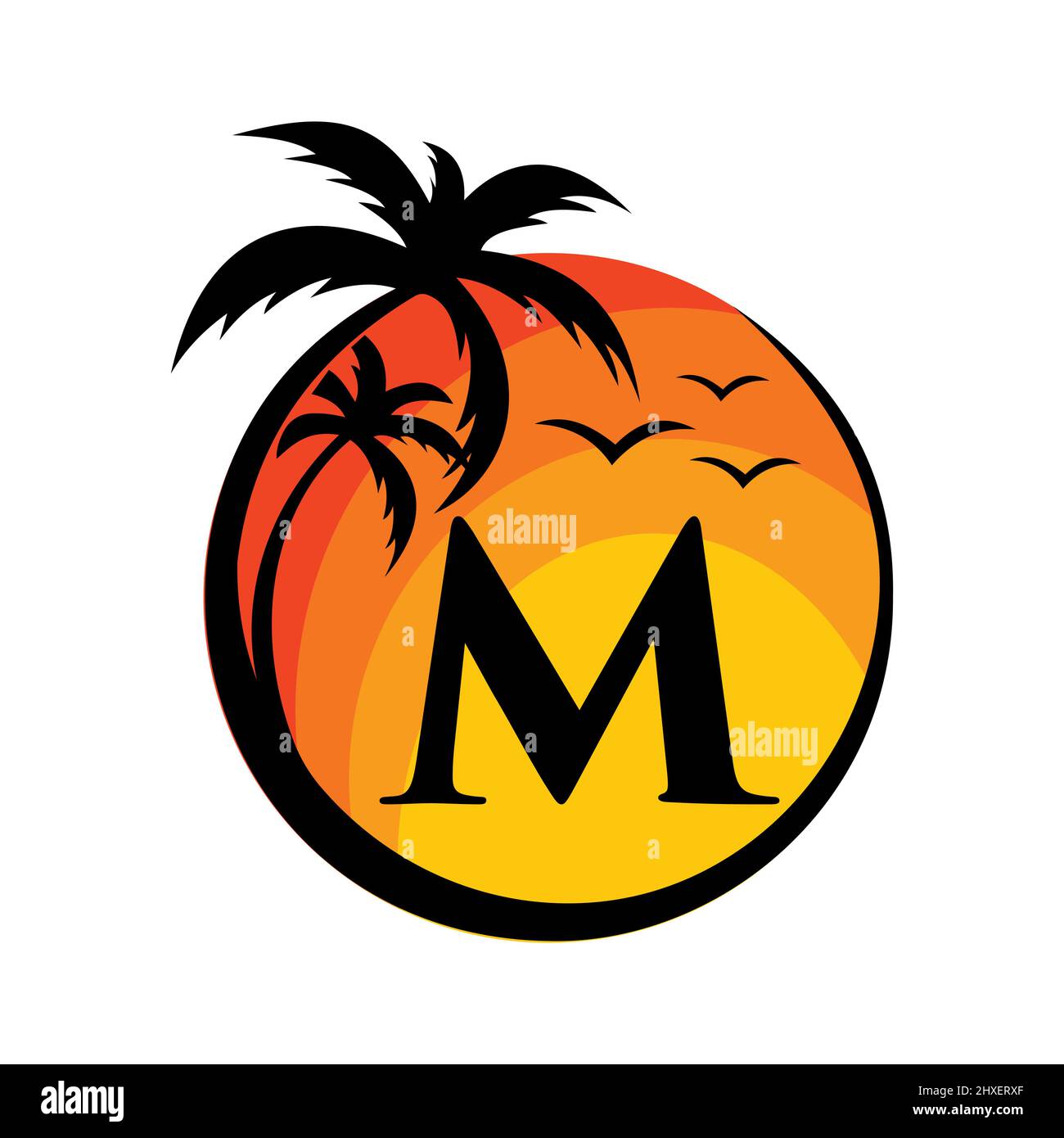 Logo de plage sur l'affiche vectorielle lettre M. Vacances d'été sur la plage tropicale avec le logotype M. Sunset Summer Travel logo Plage, Mer, Sunset logo Design Illustration de Vecteur