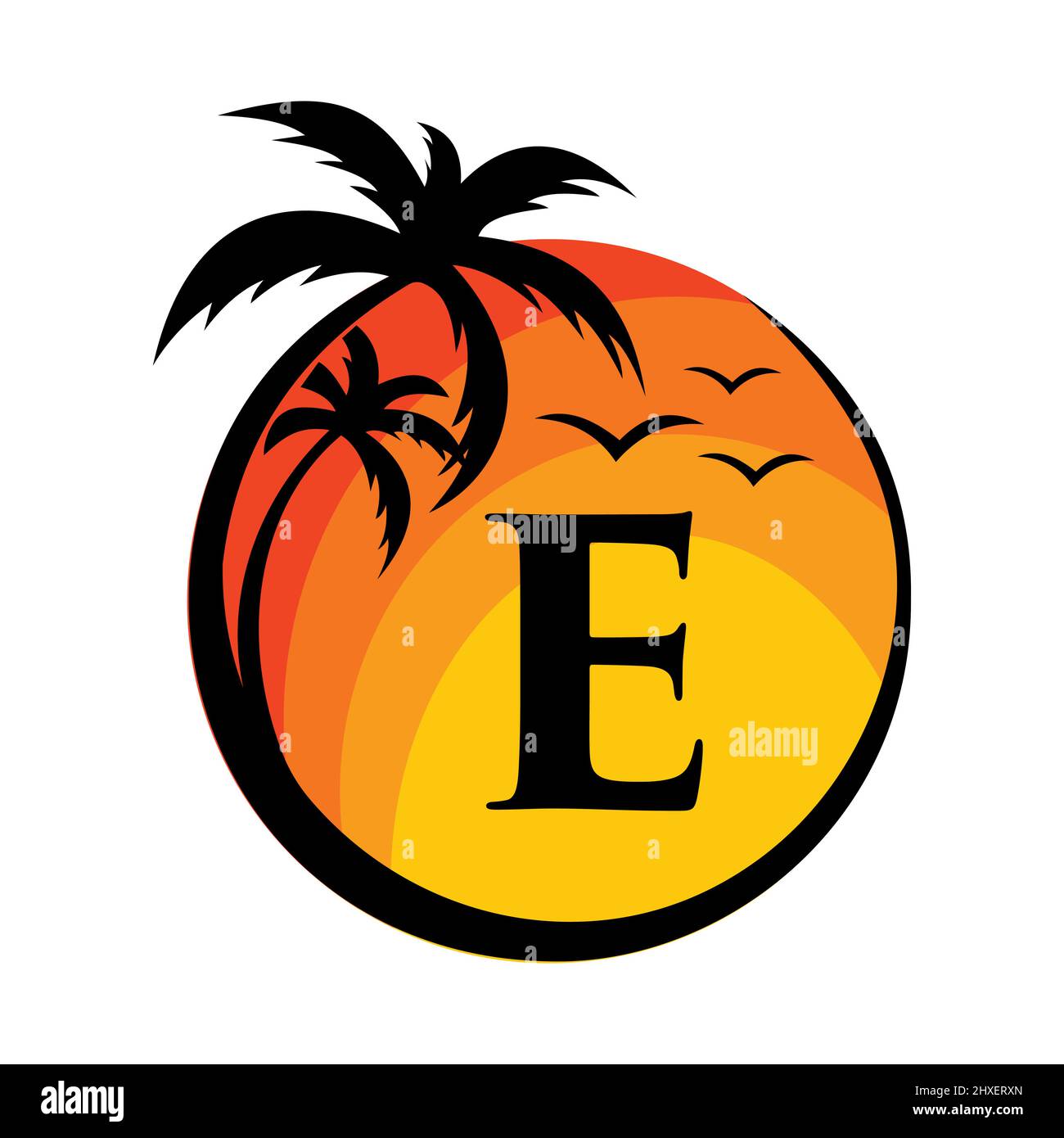 Logo de plage sur l'affiche vectorielle lettre E. Vacances d'été sur la plage tropicale avec E logotype. Sunset Summer Travel logo Plage, Mer, Sunset logo Design Illustration de Vecteur