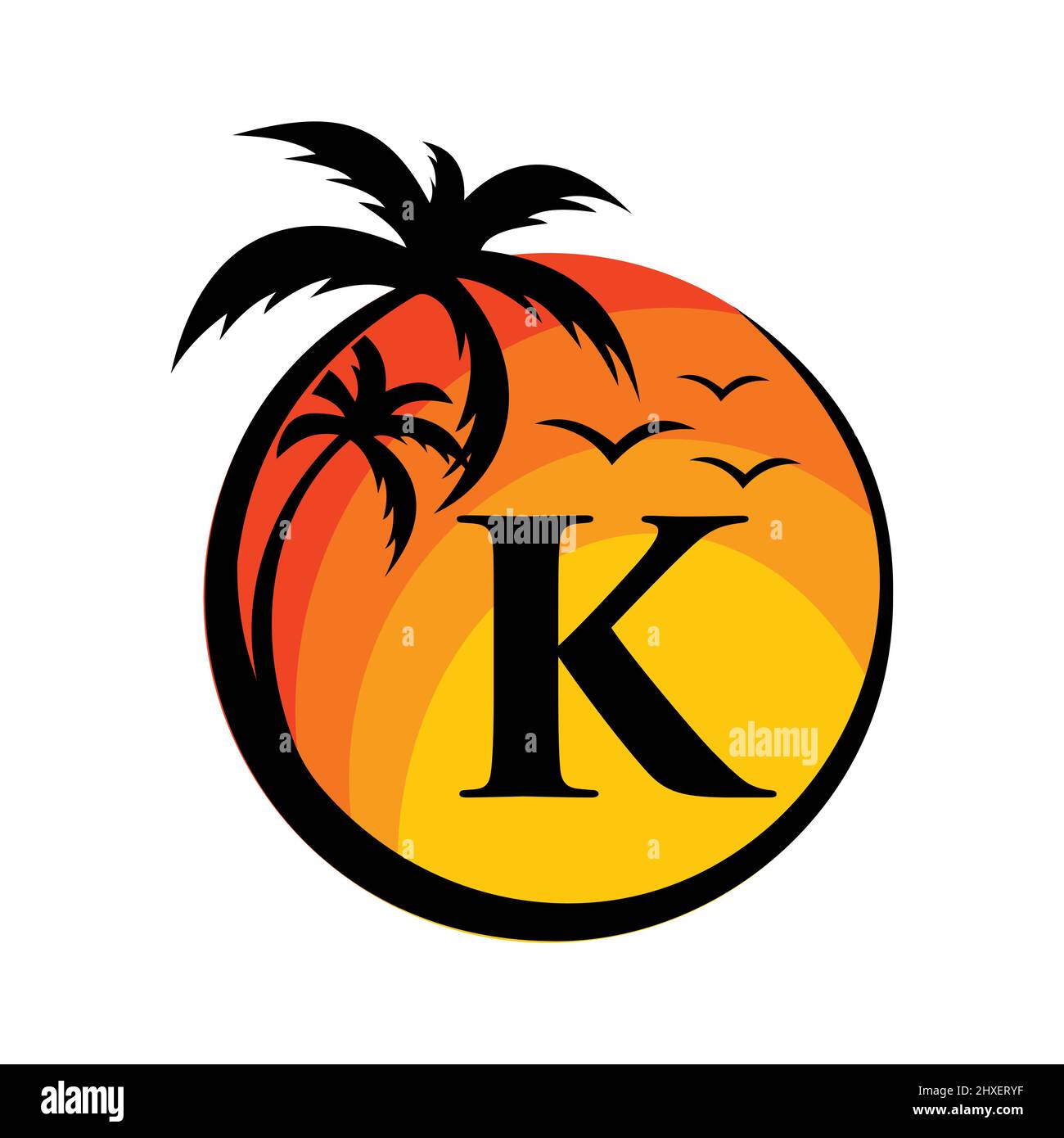 Logo de plage sur l'enseigne vecteur lettre K. Vacances d'été sur la plage tropicale avec le logotype K. Sunset Summer Travel logo Plage, Mer, Sunset logo Design Illustration de Vecteur