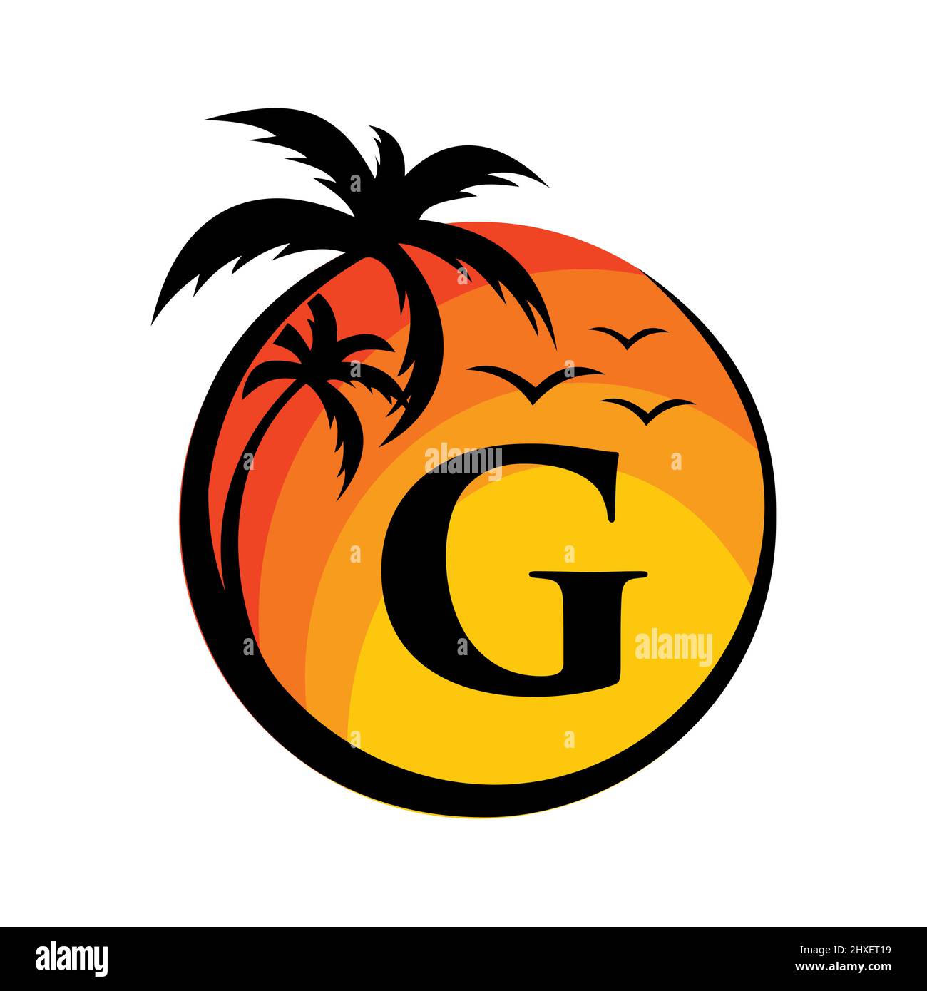 Logo de plage sur l'affiche vectorielle lettre G. Vacances d'été sur la plage tropicale avec le logo G. Sunset Summer Travel logo Plage, Mer, Sunset logo Design Illustration de Vecteur